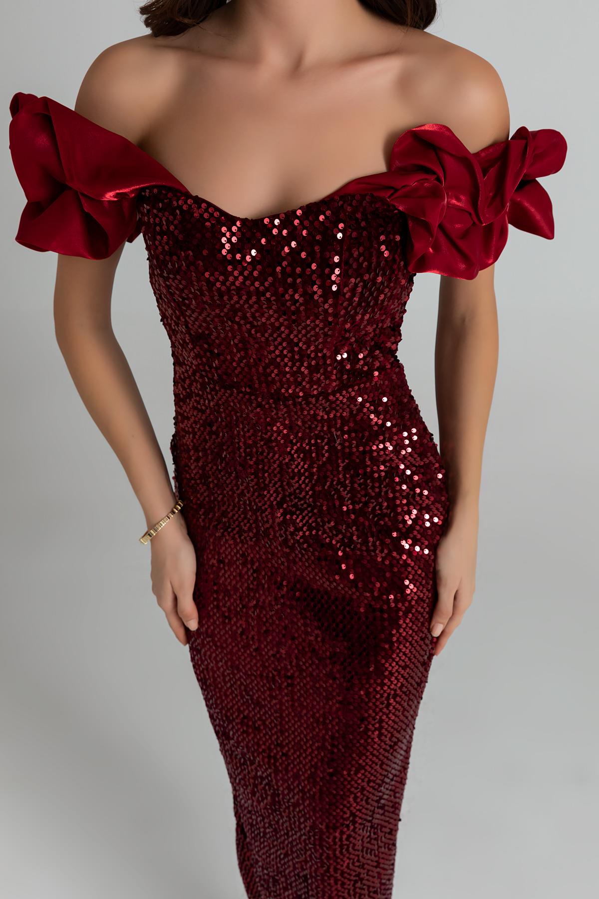 Sequined Pencil Dress - CLARET RED