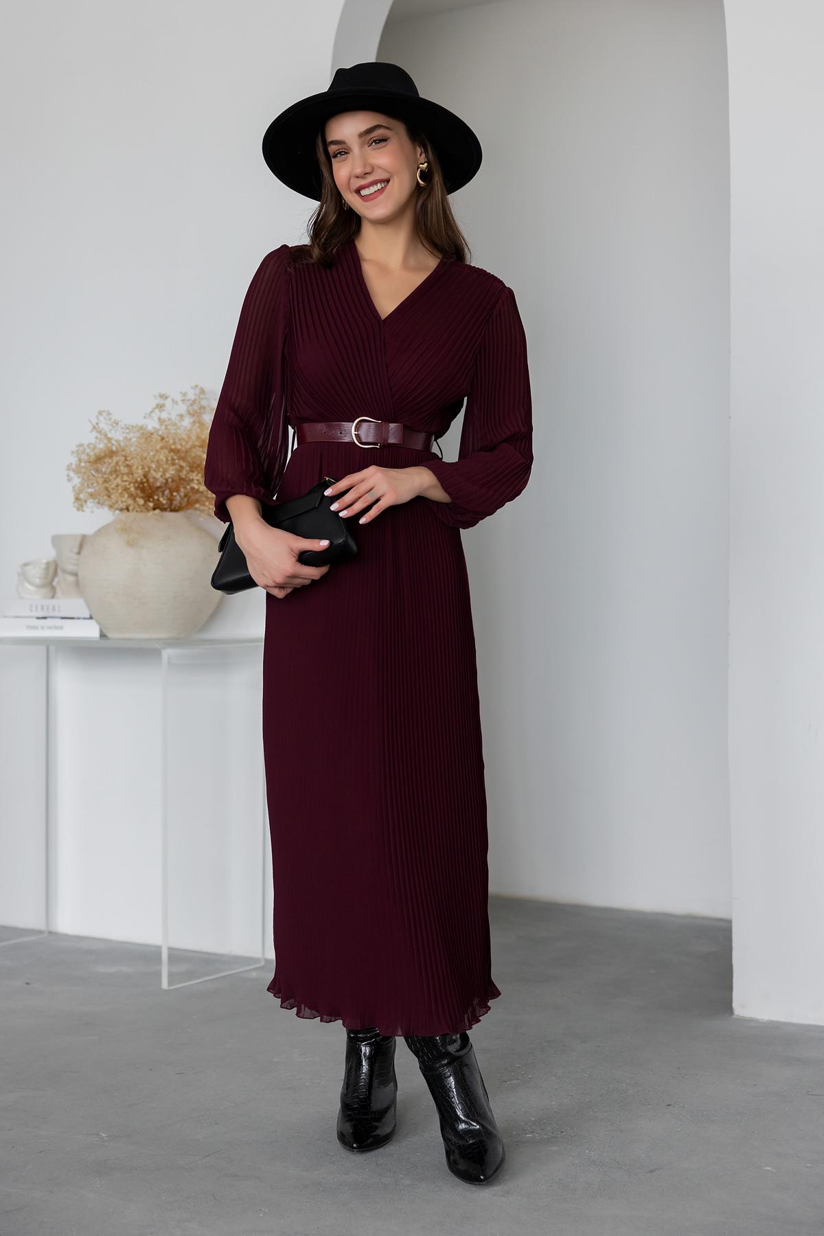 Pleated Belted Long Dress - Claret Red