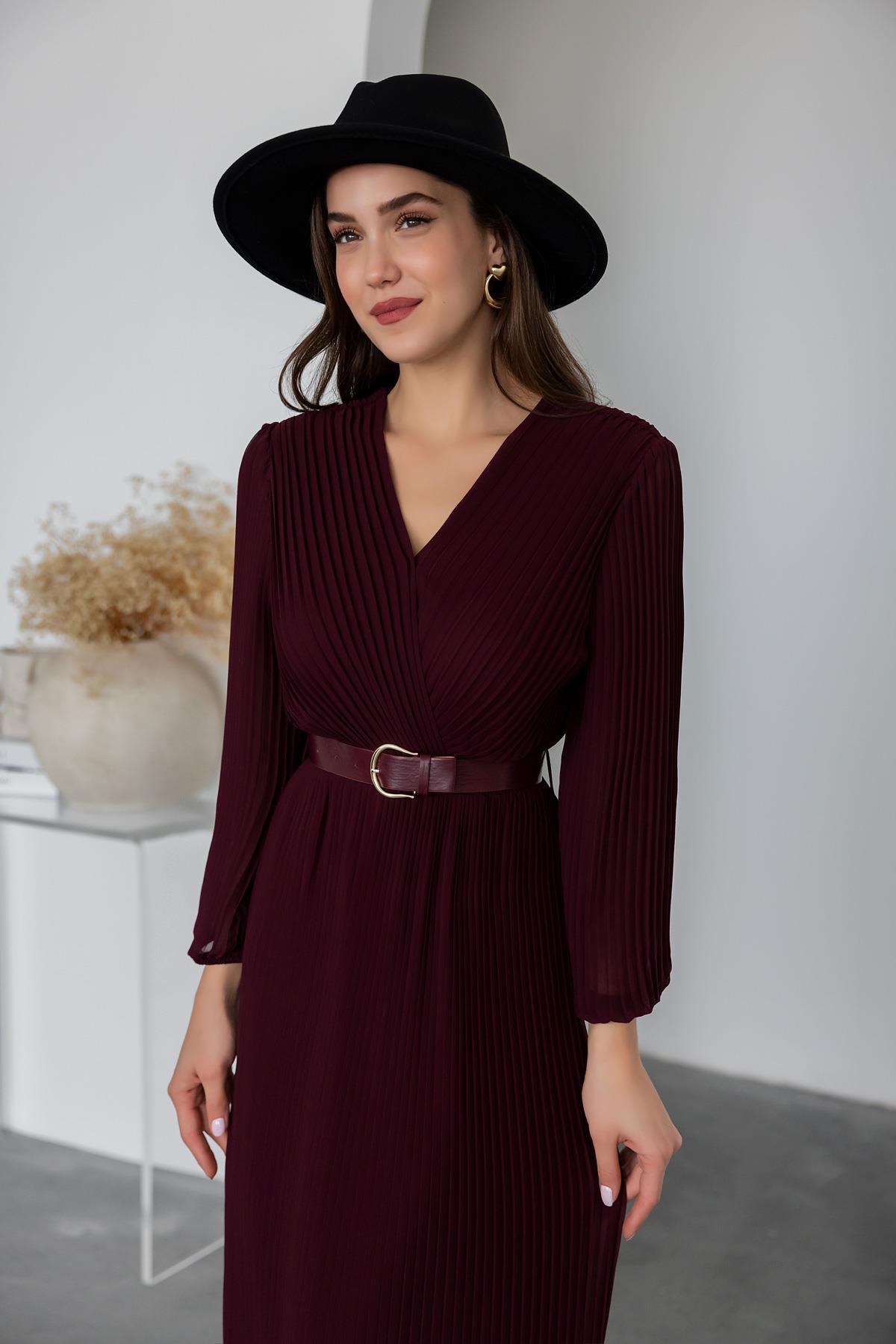 Pleated Belted Long Dress - Claret Red