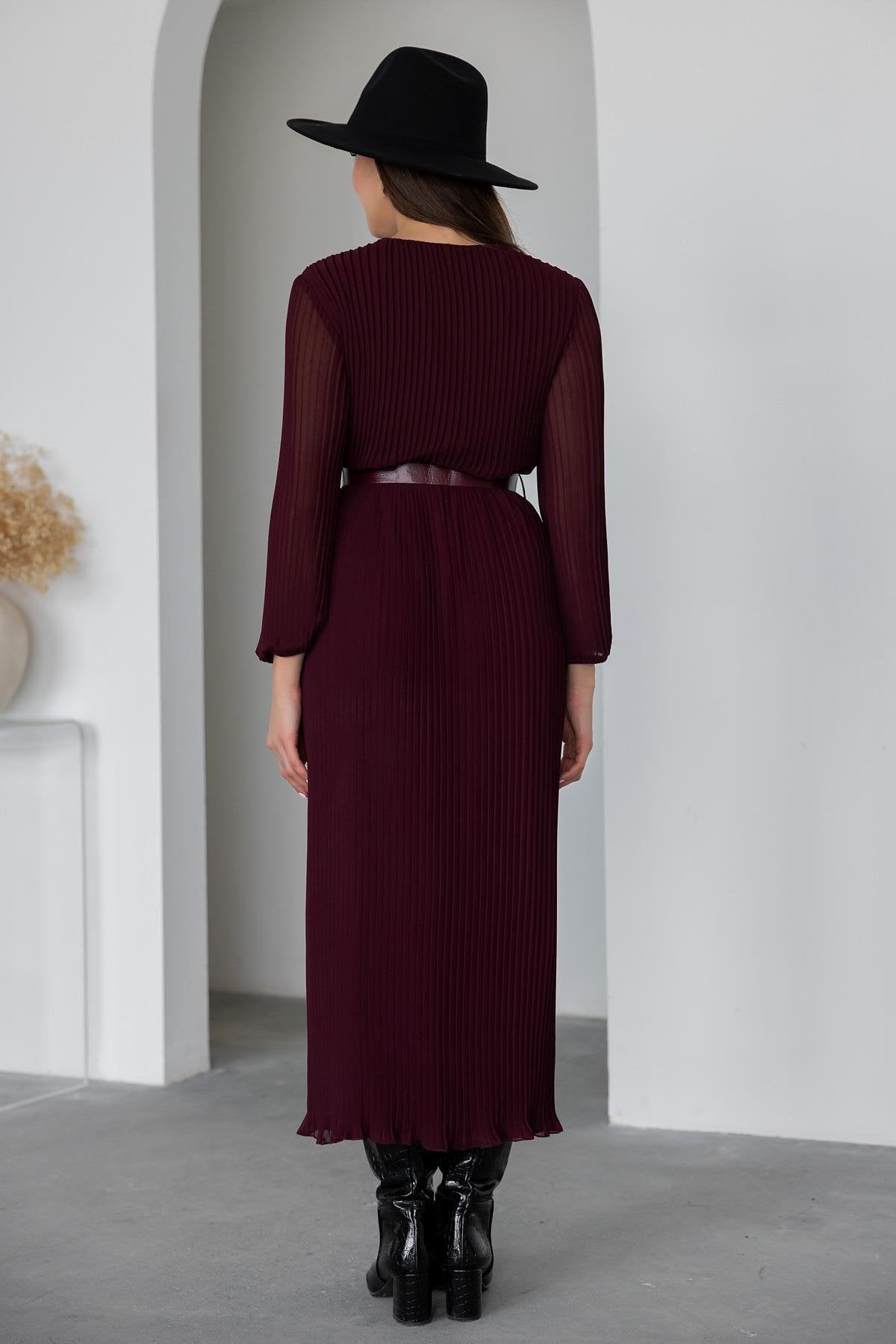 Pleated Belted Long Dress - Claret Red