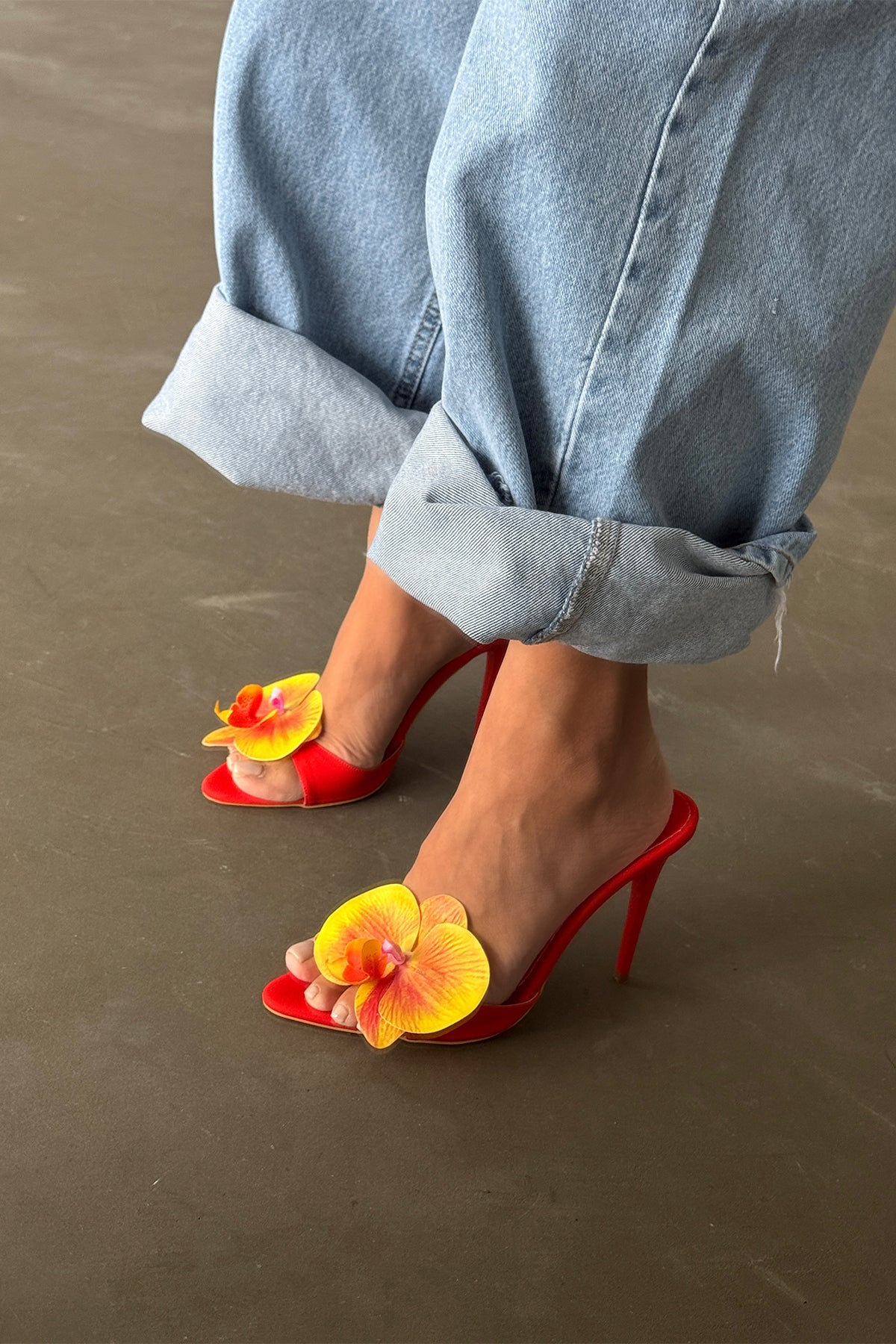 Lily Flower Detail  Orange Satin Slippers