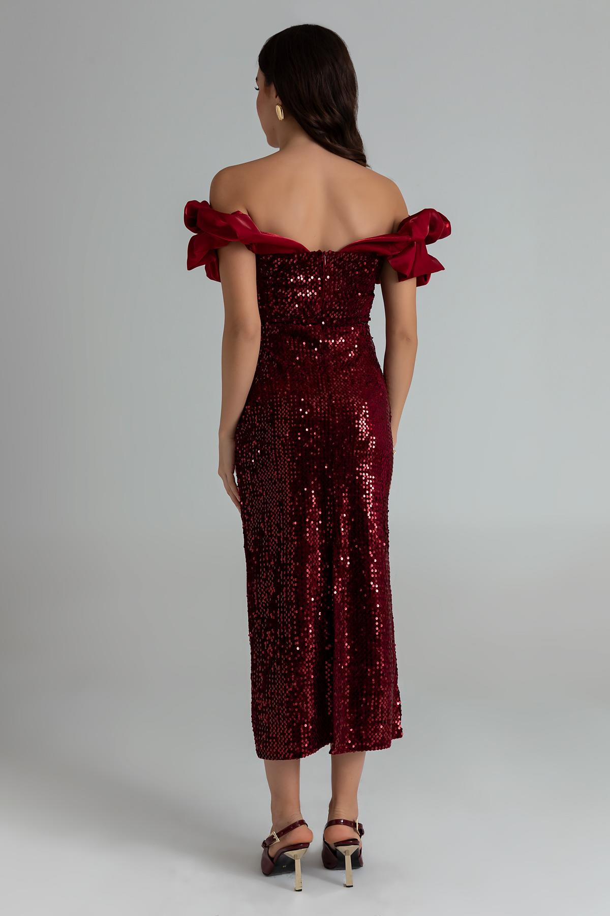 Sequined Pencil Dress - CLARET RED