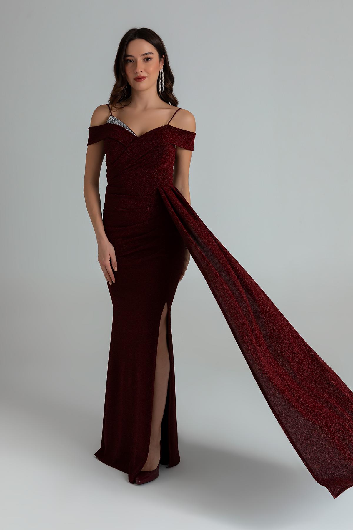 Strappy Glitter Long Evening Dress - CLARET RED