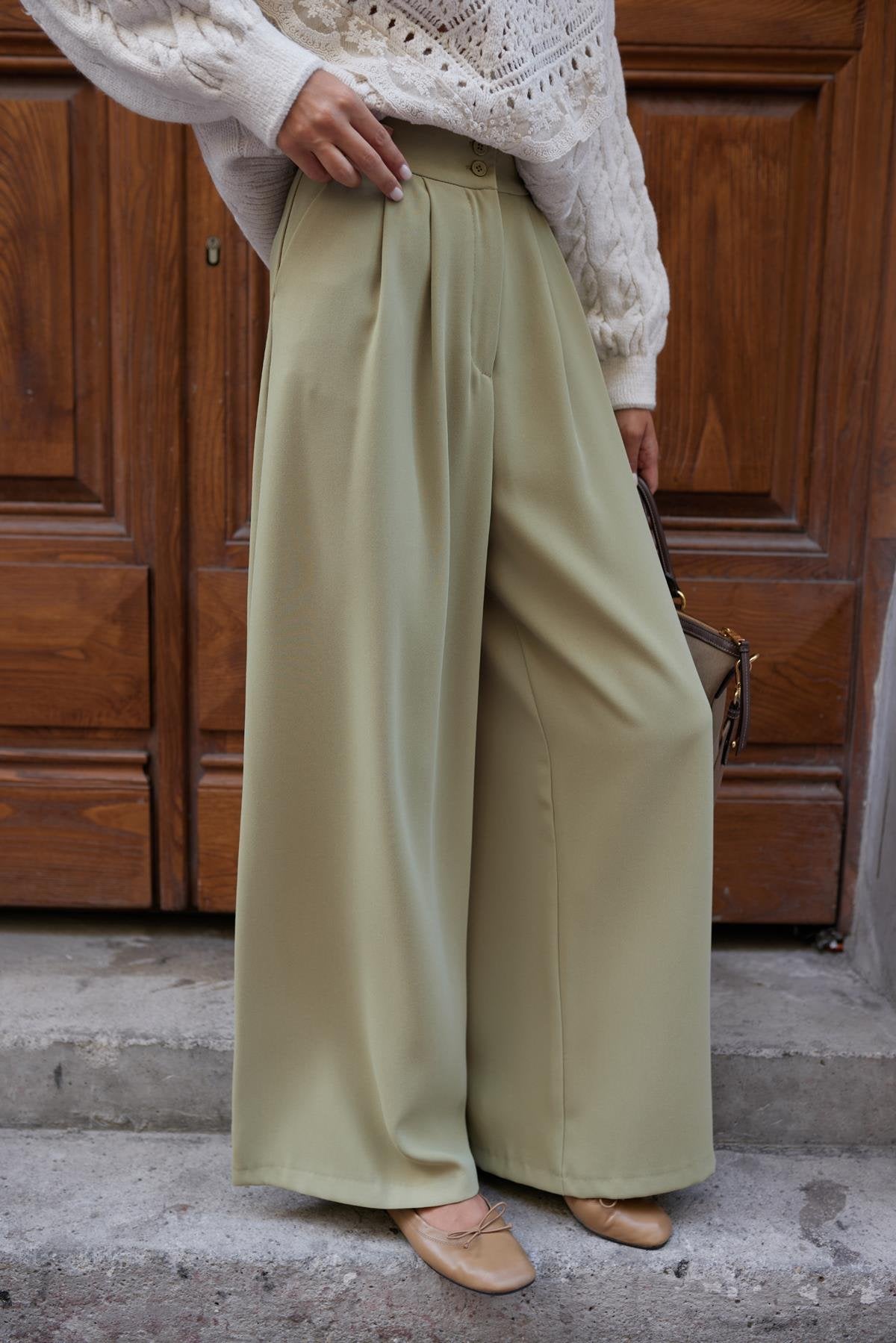 Oil Green Double Button Detail Wide Leg Crepe Fabric Palazzo Trousers