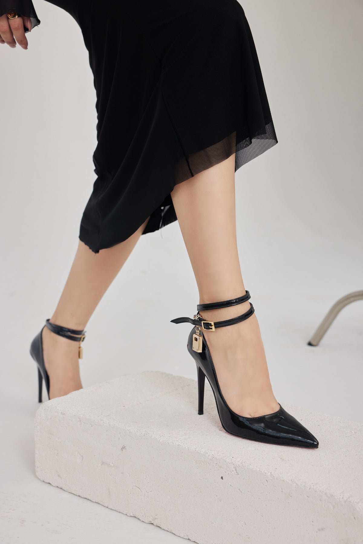 Zemes Buckle Detailed Black Patent Leather Stiletto