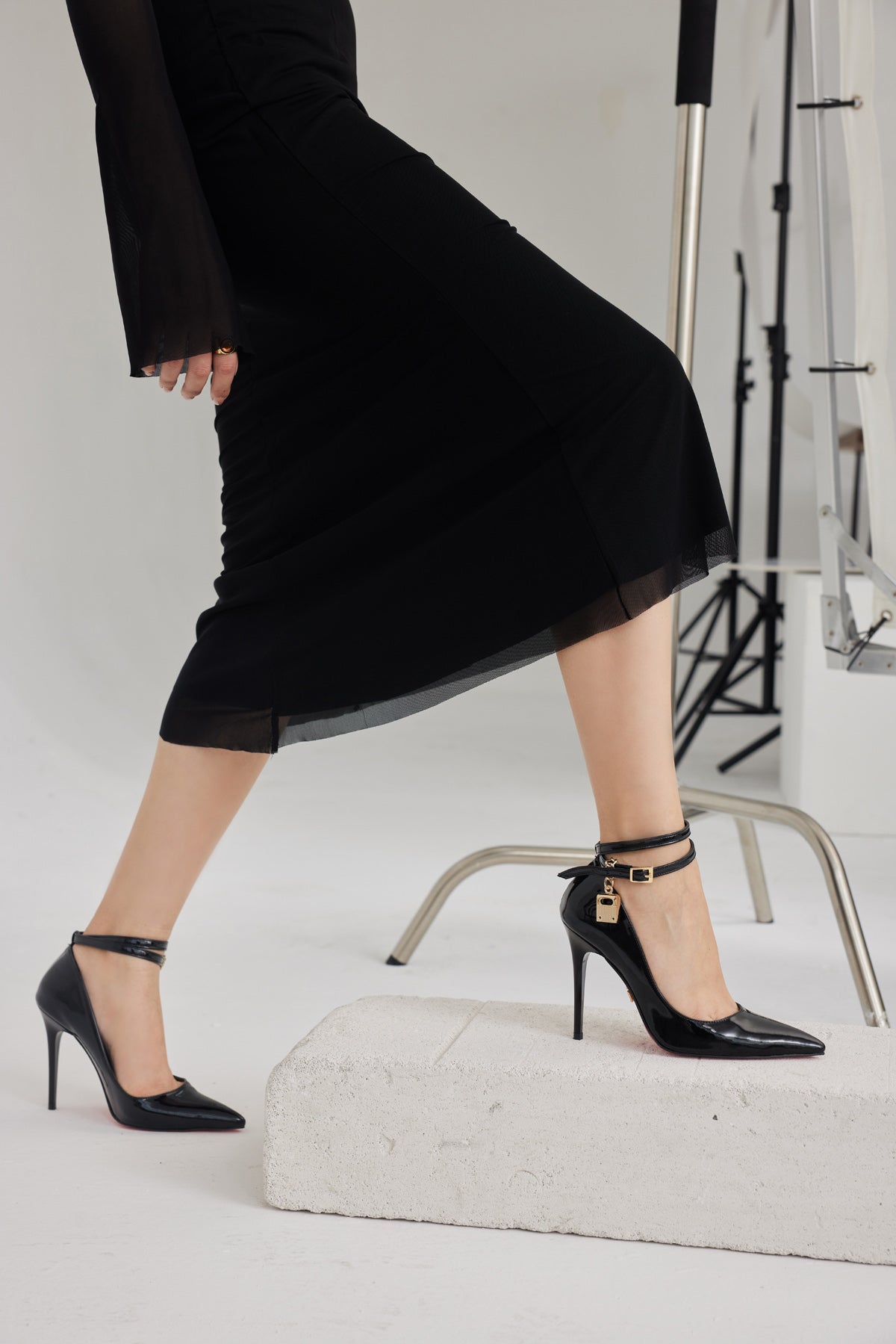 Zemes Buckle Detailed Black Patent Leather Stiletto
