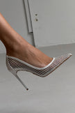 Romy Stone Detailed Mesh White Patent Leather Stiletto-PRE ORDER