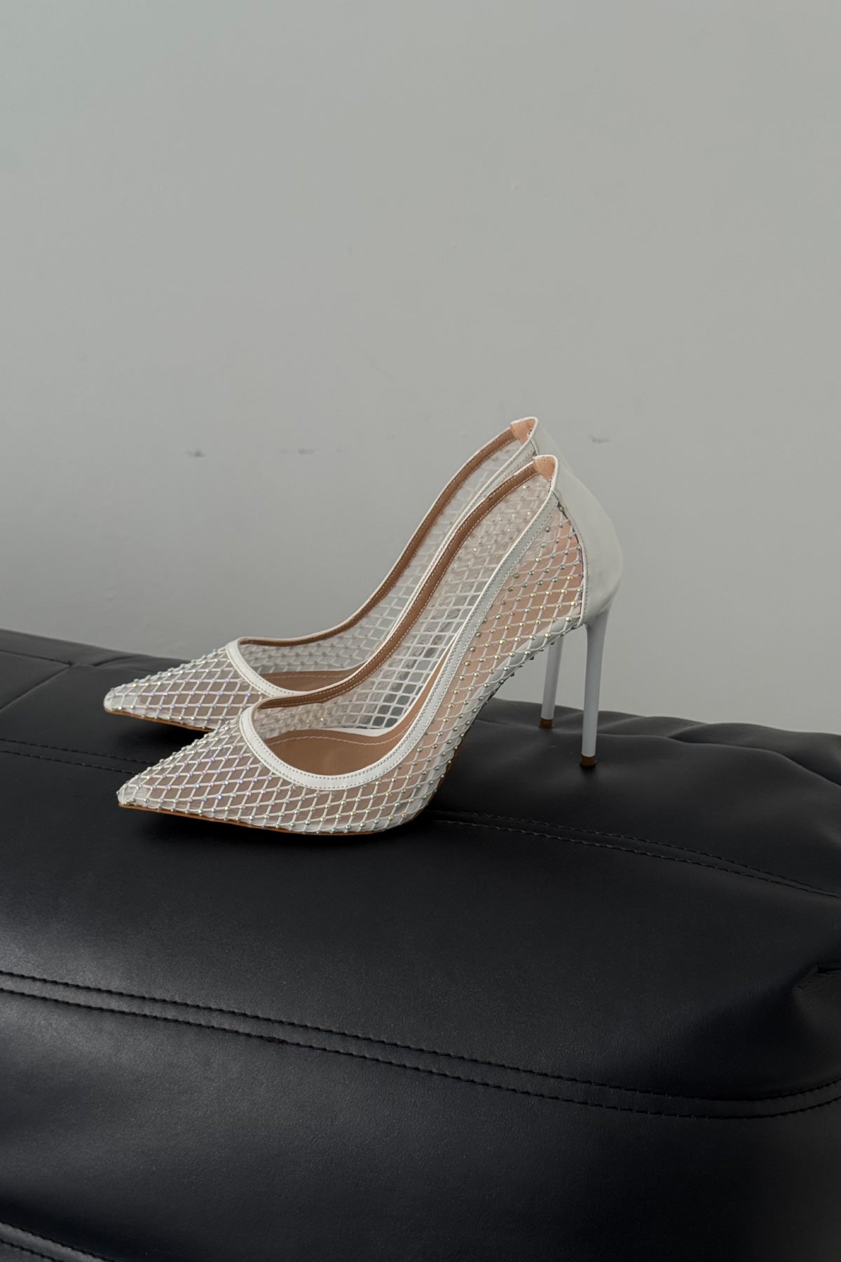 Romy Stone Detailed Mesh White Patent Leather Stiletto-PRE ORDER