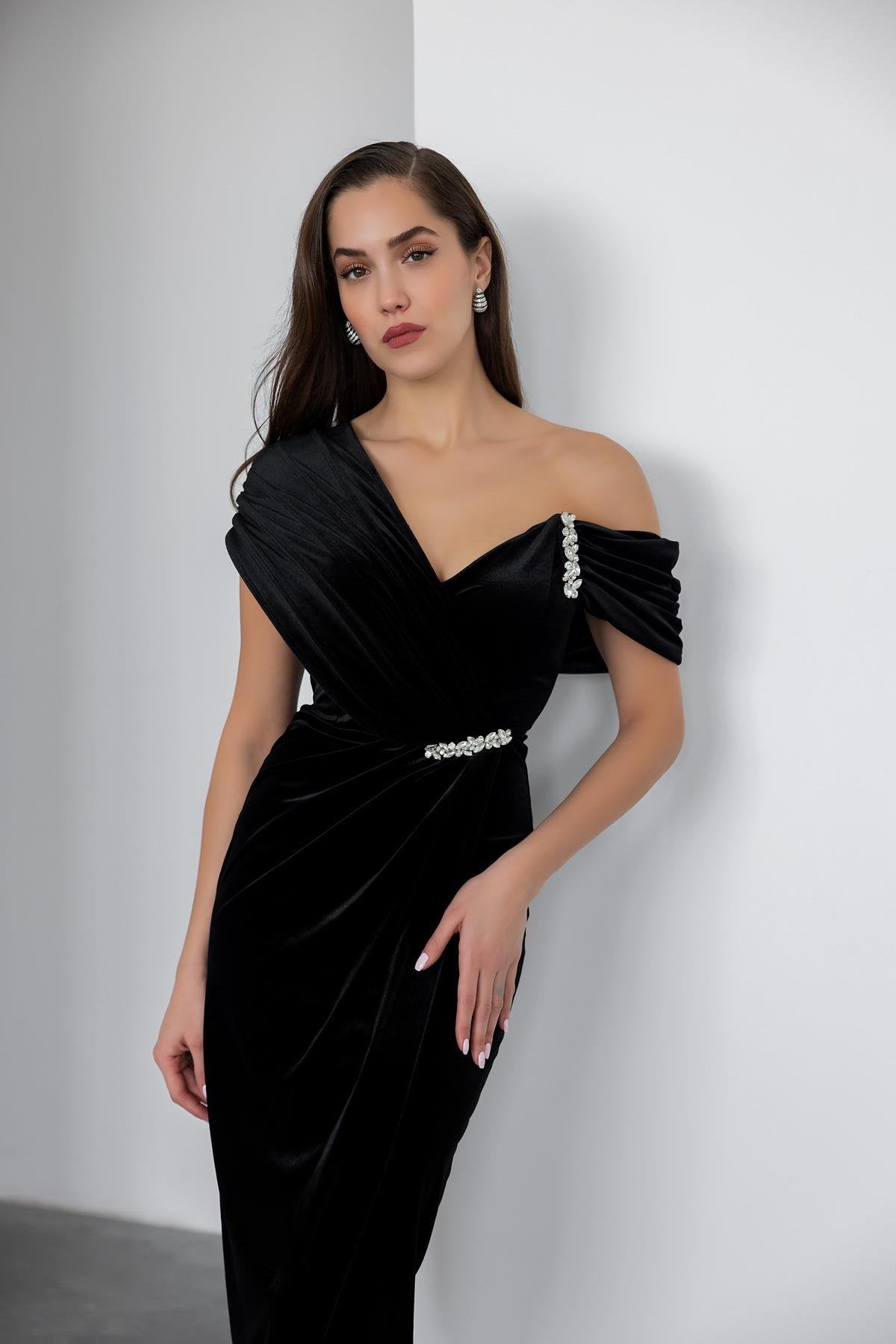 Shoulder Design Stone Evening Dress - BLACK