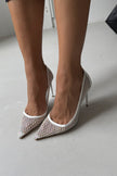 Romy Stone Detailed Mesh White Patent Leather Stiletto-PRE ORDER