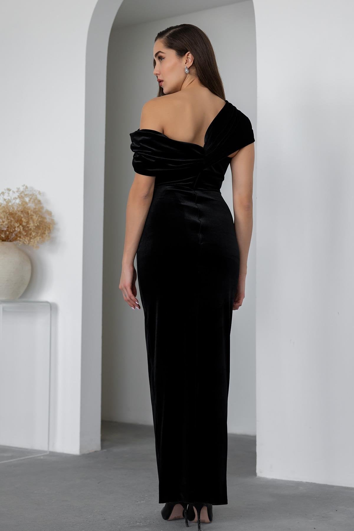 Shoulder Design Stone Evening Dress - BLACK