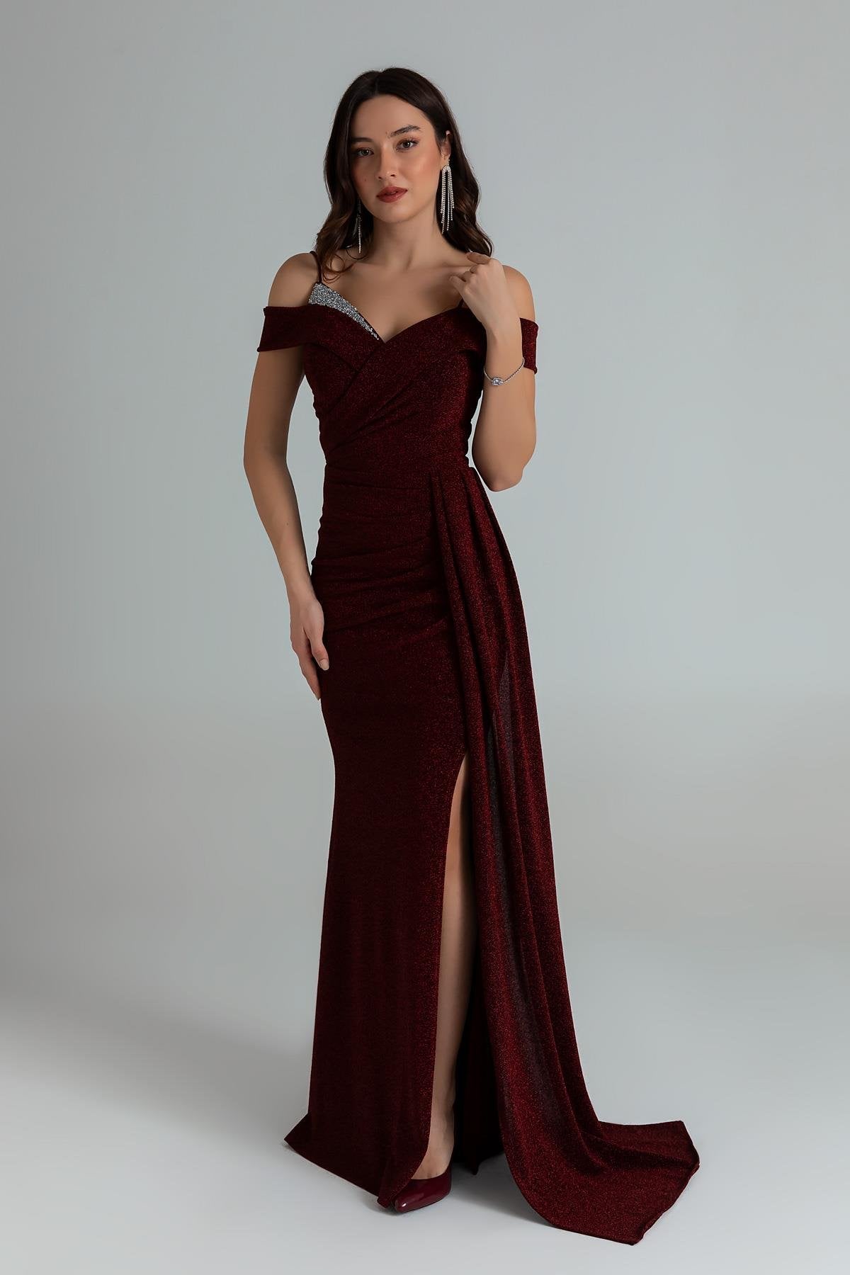 Strappy Glitter Long Evening Dress - CLARET RED