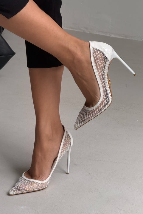 Romy Stone Detailed Mesh White Patent Leather Stiletto
