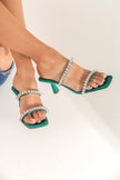 Hypnose Stone Detailed  Green Satin Slippers Heel
