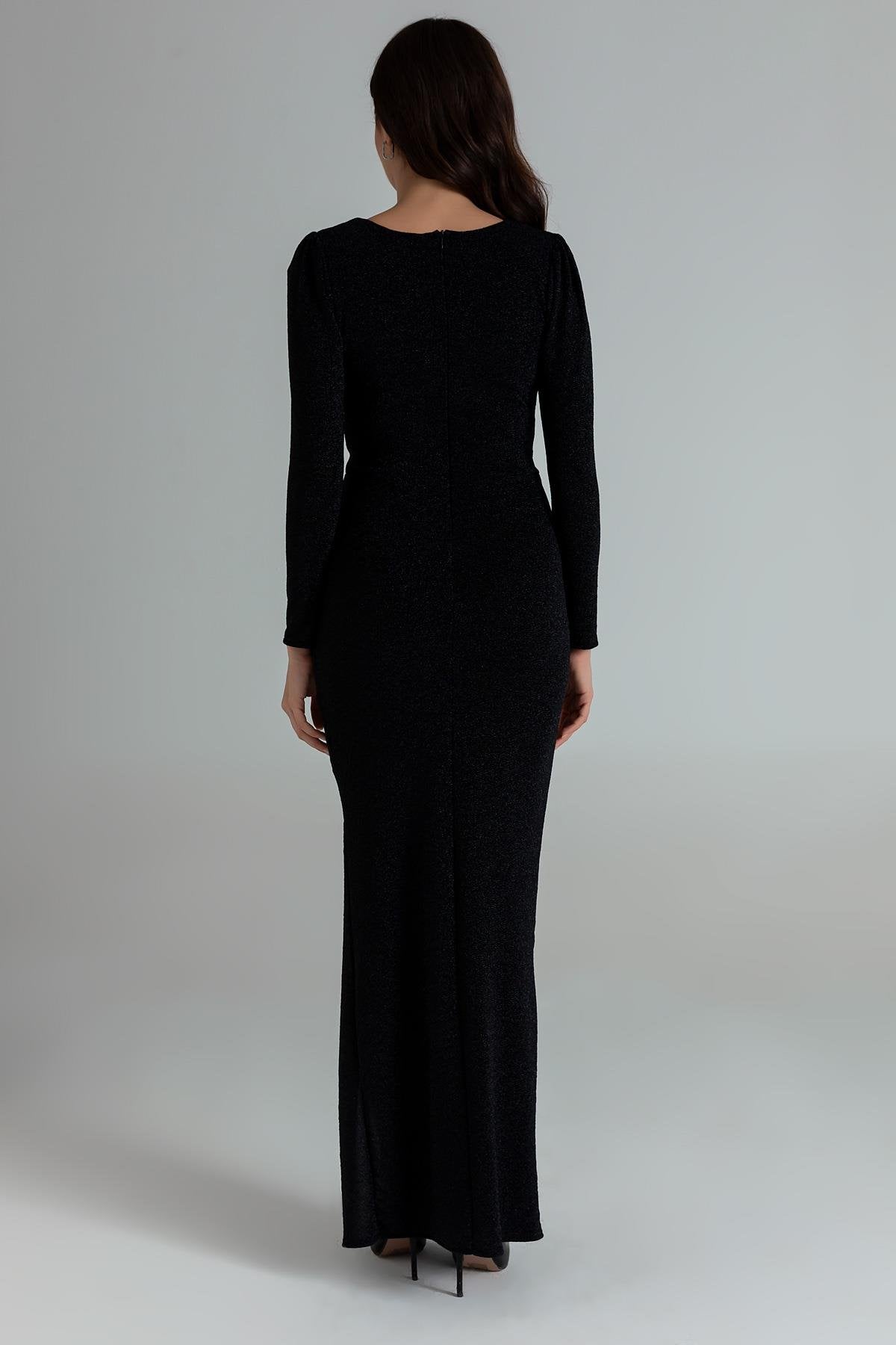 Long Sleeve Glitter Evening Dress - BLACK