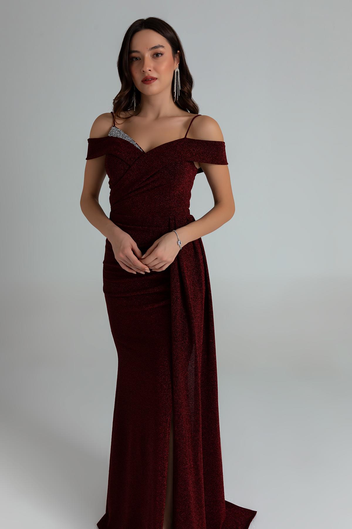 Strappy Glitter Long Evening Dress - CLARET RED