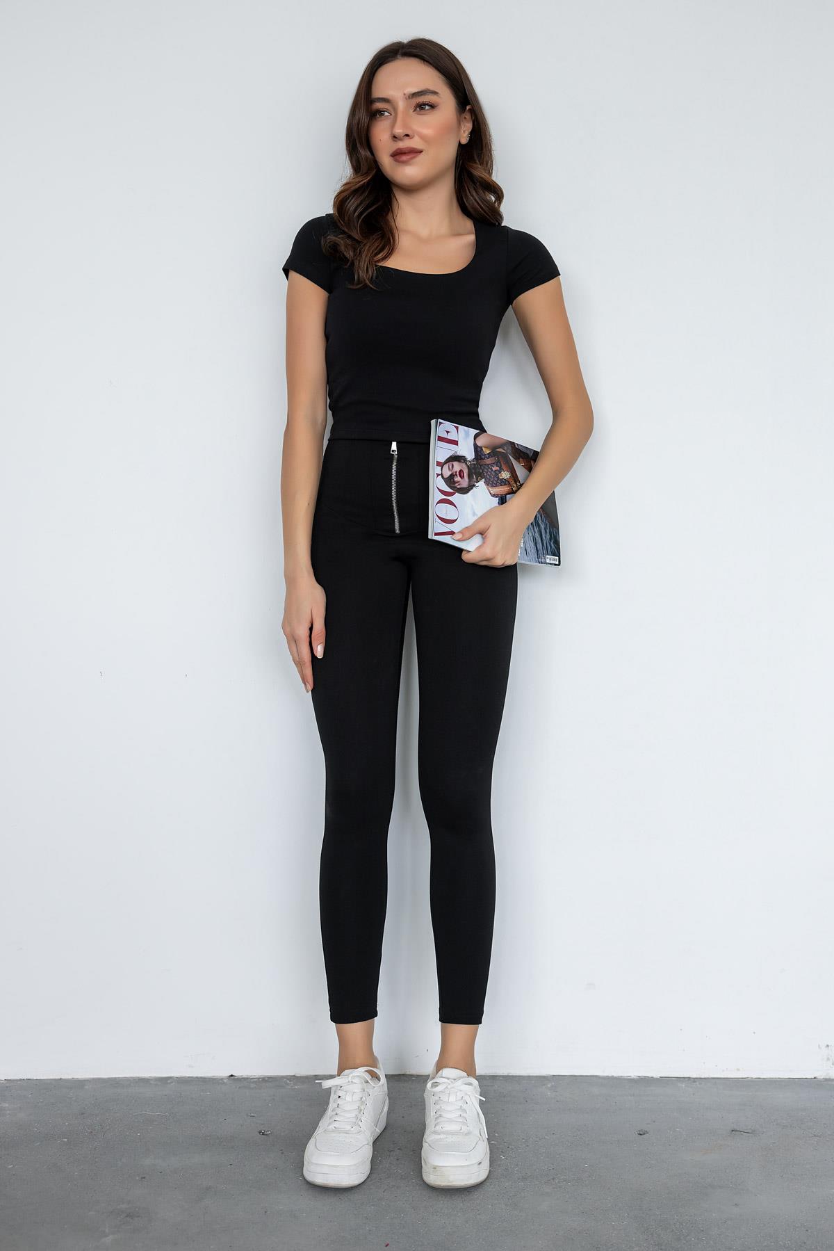 Zipper Closure Leggings - BLACK