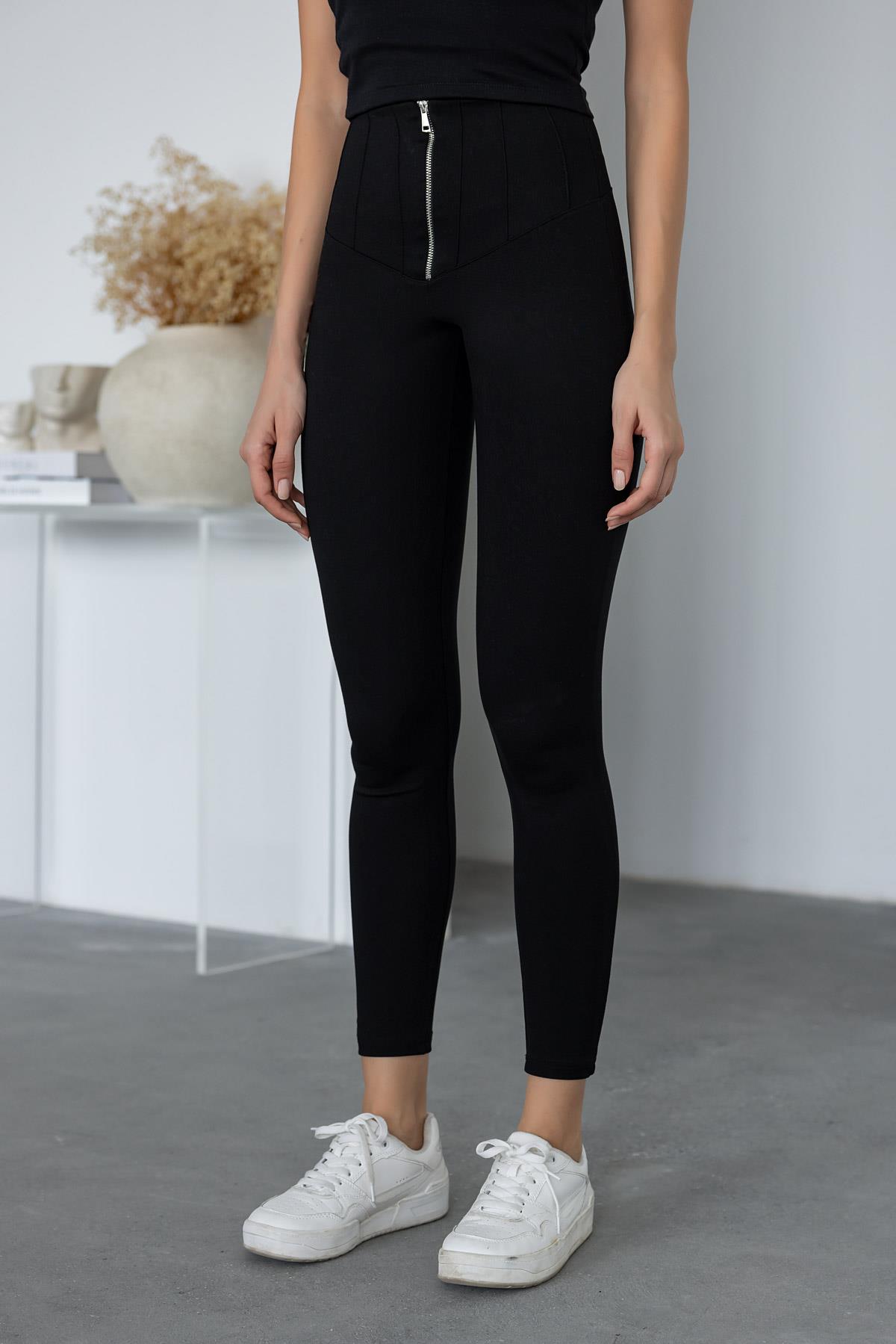 Zipper Closure Leggings - BLACK