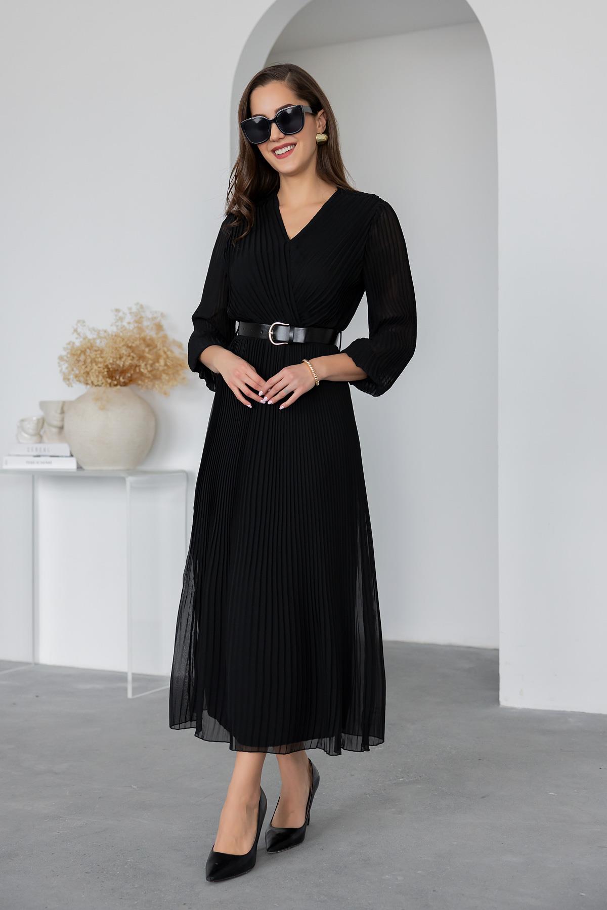 Pleated Belted Long Dress - BLACK