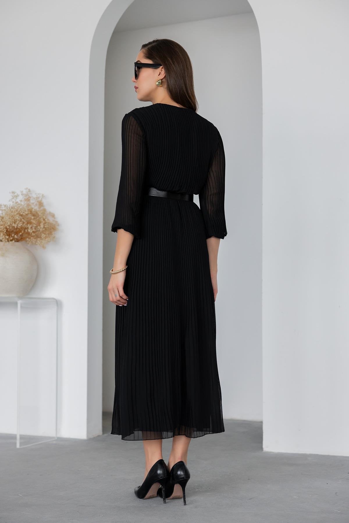 Pleated Belted Long Dress - BLACK