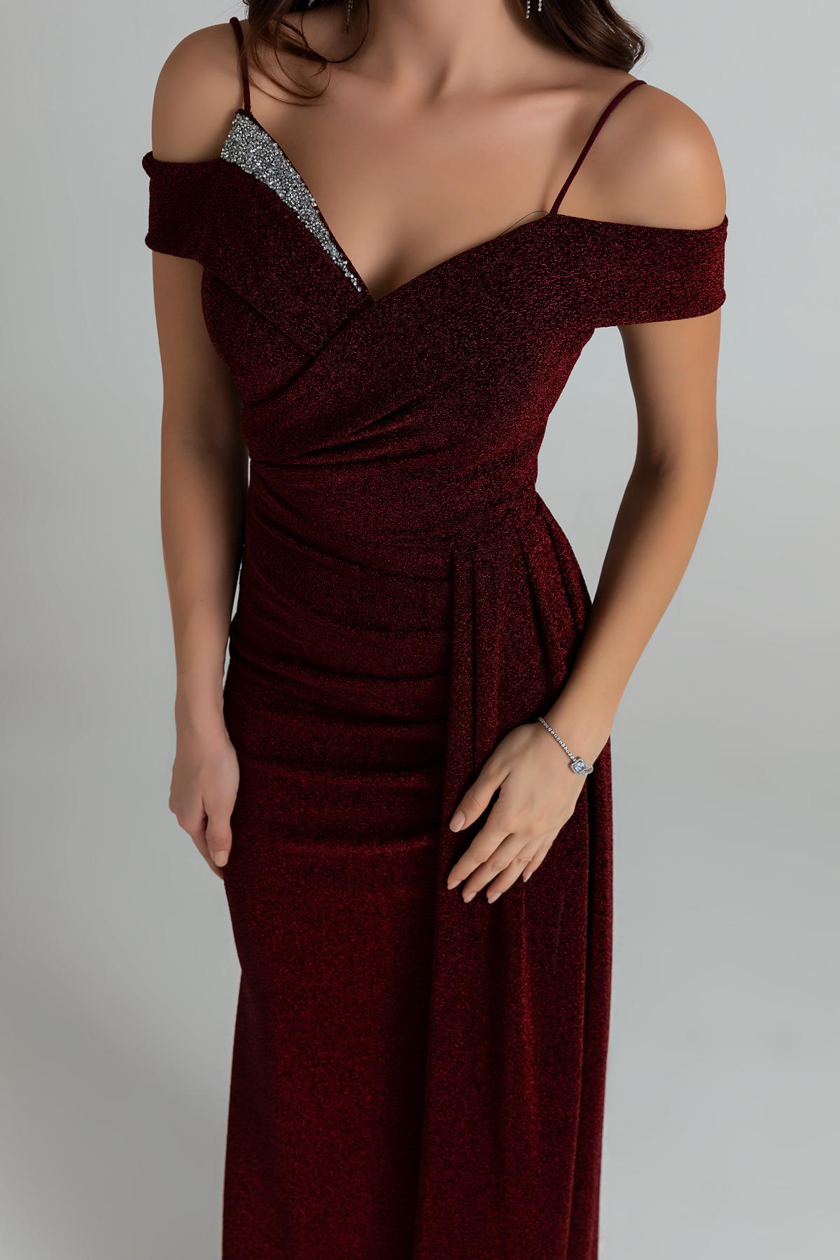 Strappy Glitter Long Evening Dress - CLARET RED