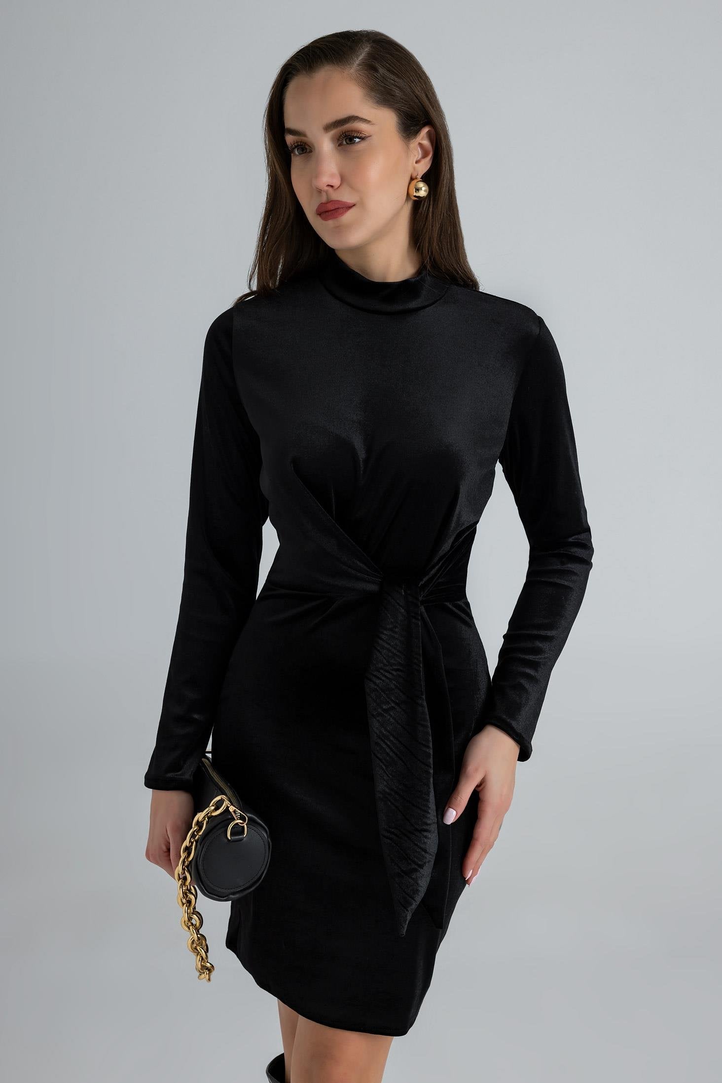 Tie Mini Velvet Dress - BLACK