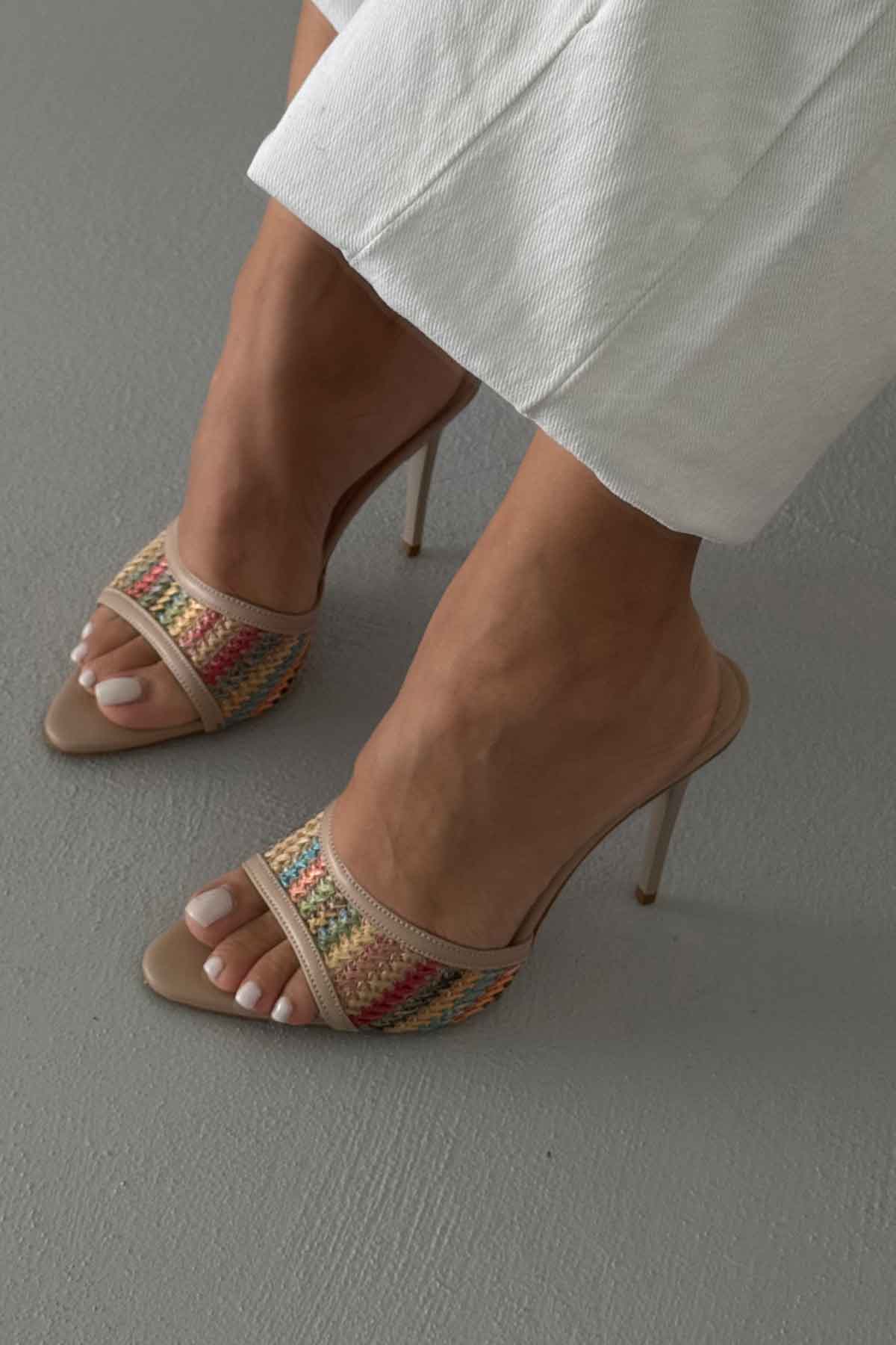 Ruche Straw Detail Colorful Straw Beige Slippers
