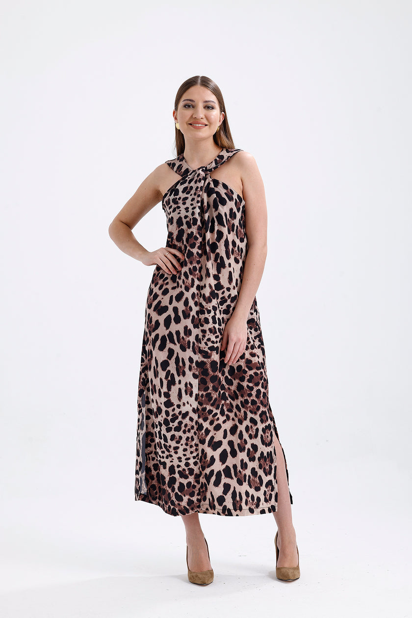 فستان بدون أكمام بتفاصيل جلد النمر