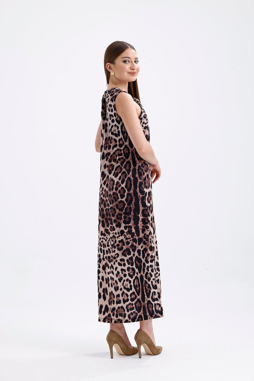 فستان بدون أكمام بتفاصيل جلد النمر