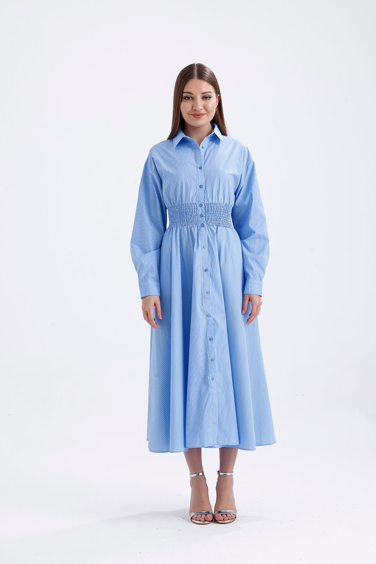 Blue Shirt Collar Long Striped Dress