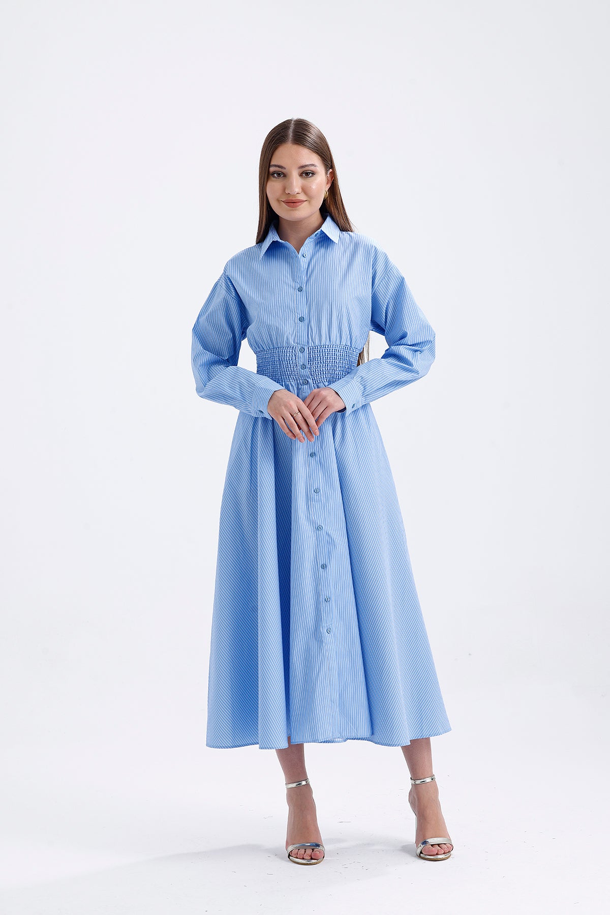 Blue Shirt Collar Long Striped Dress