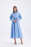 Blue Shirt Collar Long Striped Dress