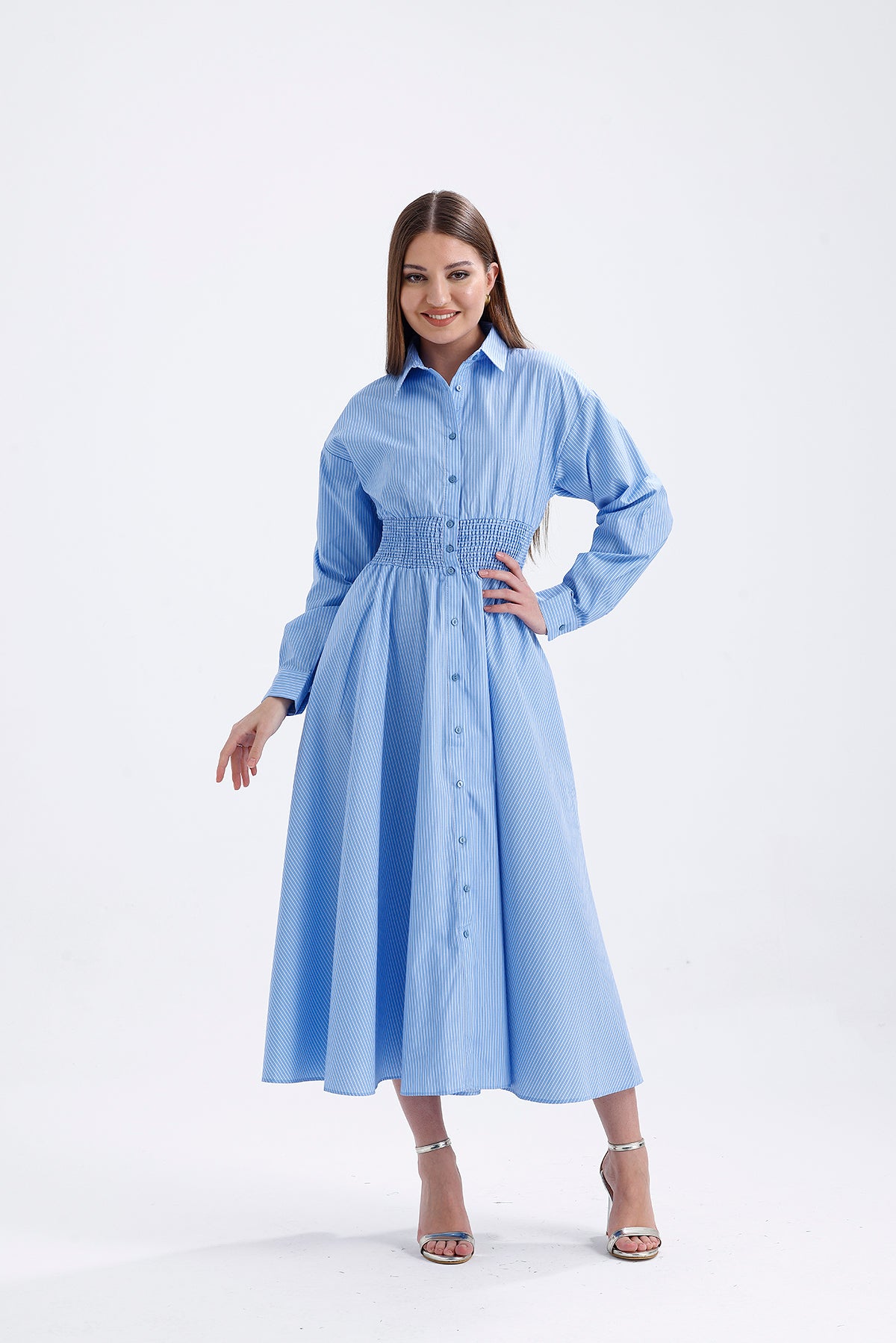 Blue Shirt Collar Long Striped Dress