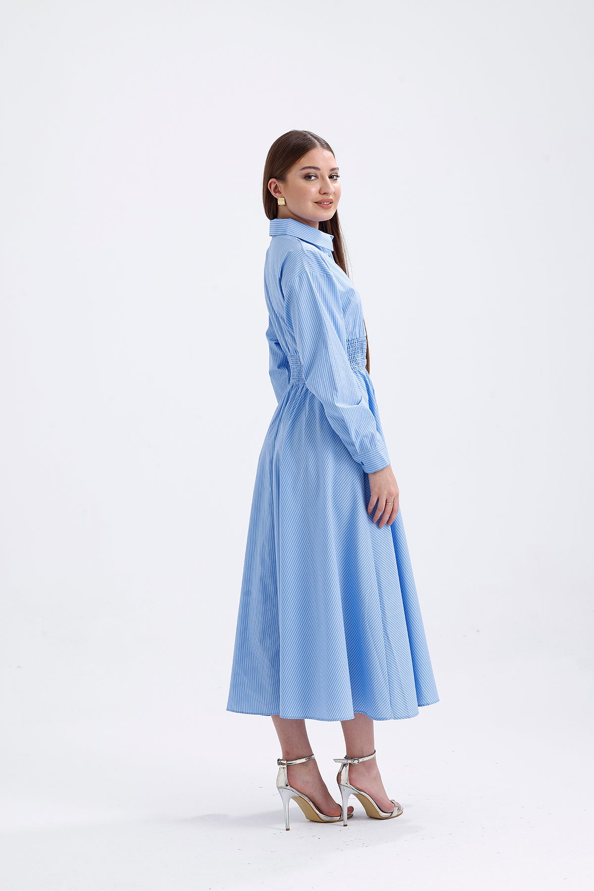 Blue Shirt Collar Long Striped Dress