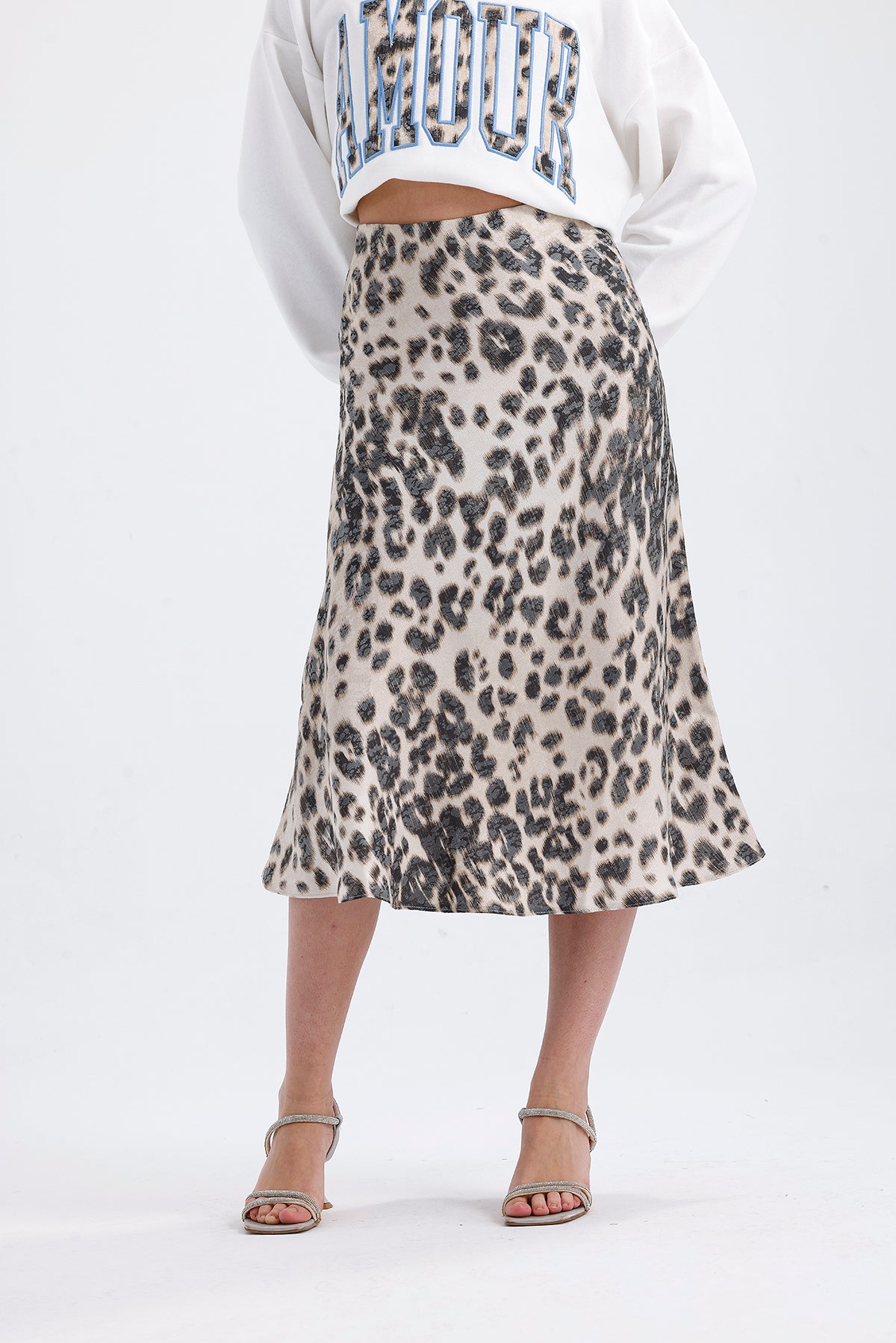 Leopard Satin Midi Skirt