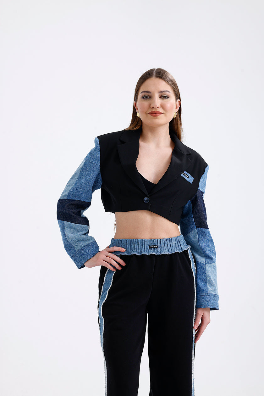 Denim and Embroidery Detailed Crop Jacket Black