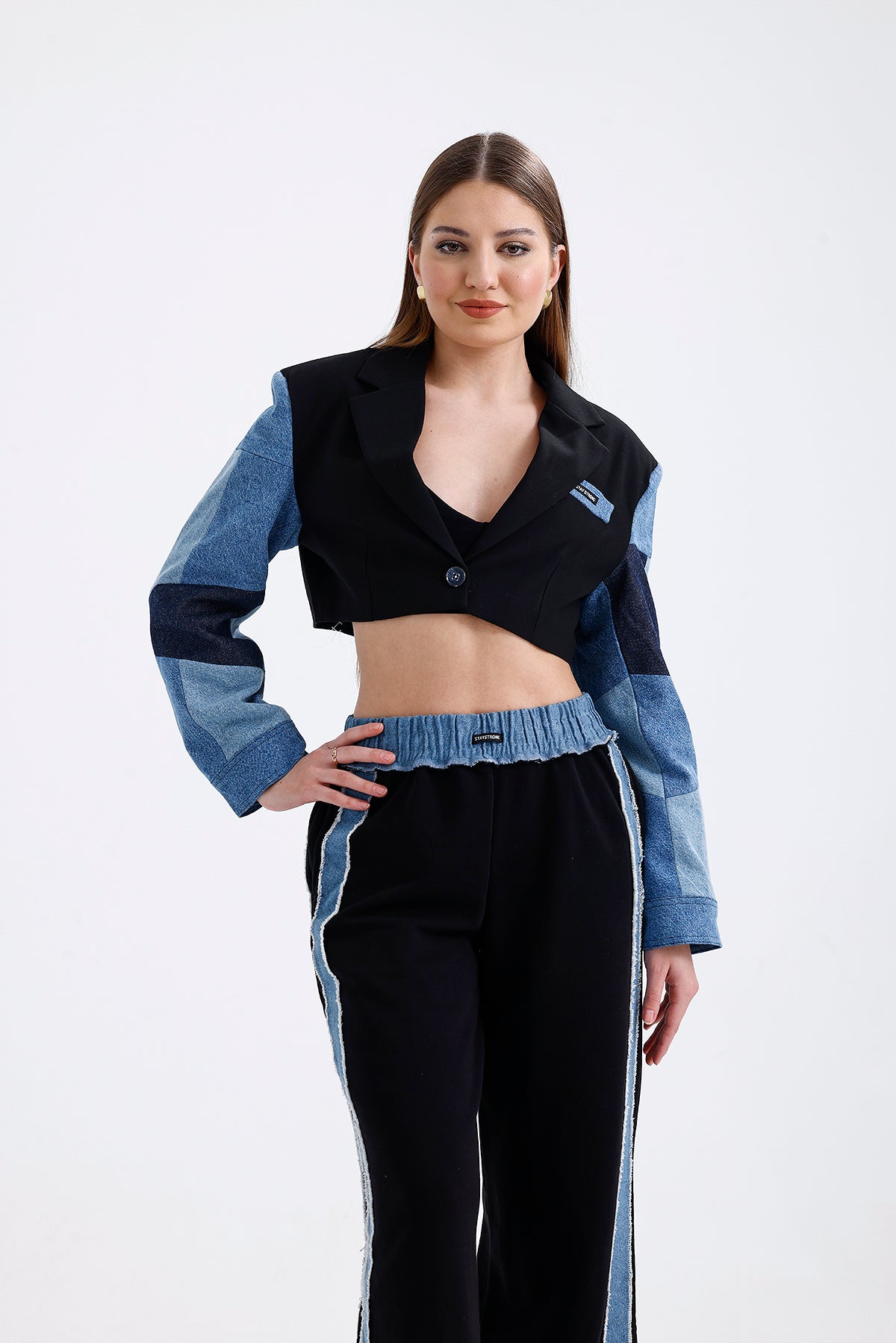 Denim and Embroidery Detailed Crop Jacket Black