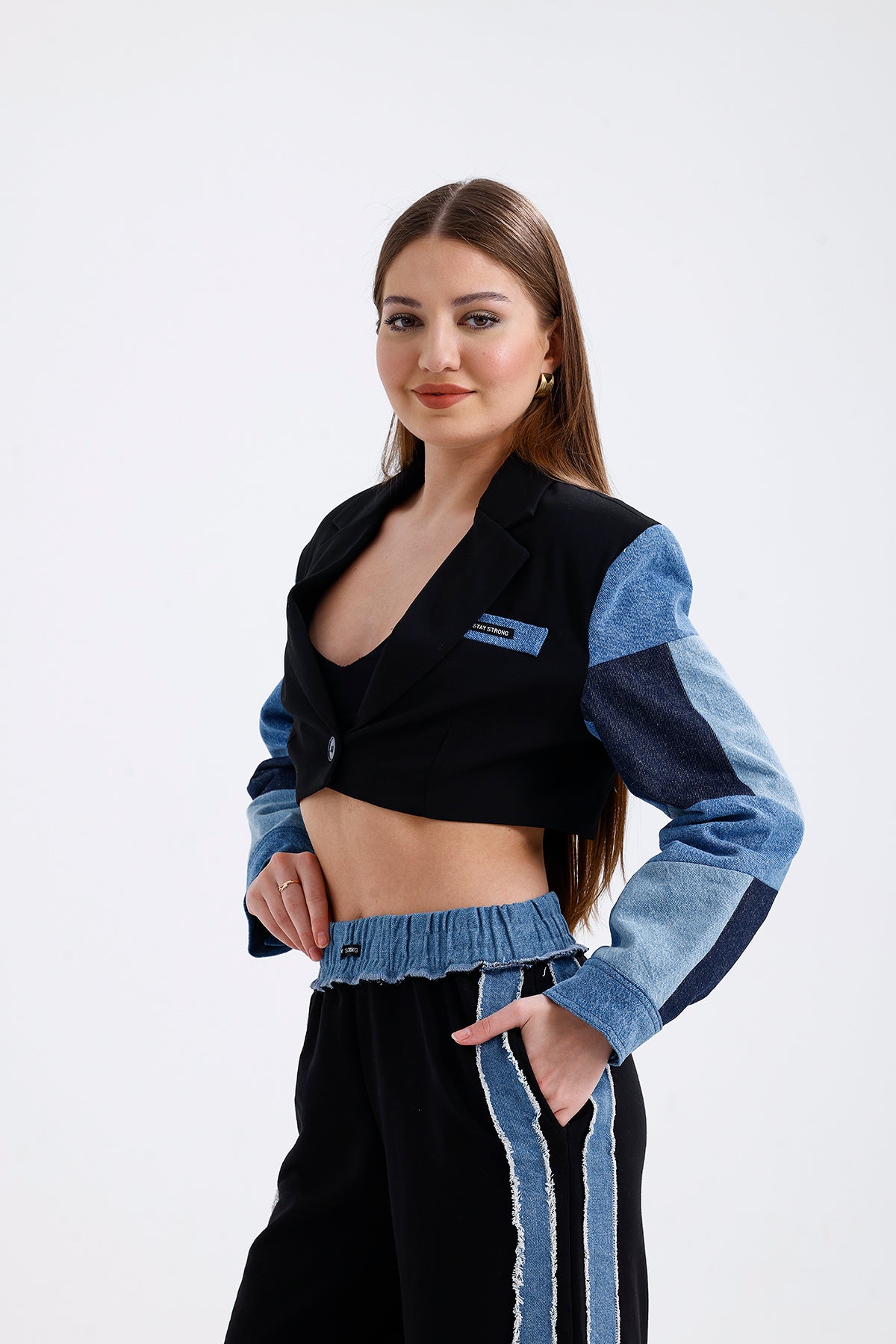 Denim and Embroidery Detailed Crop Jacket Black