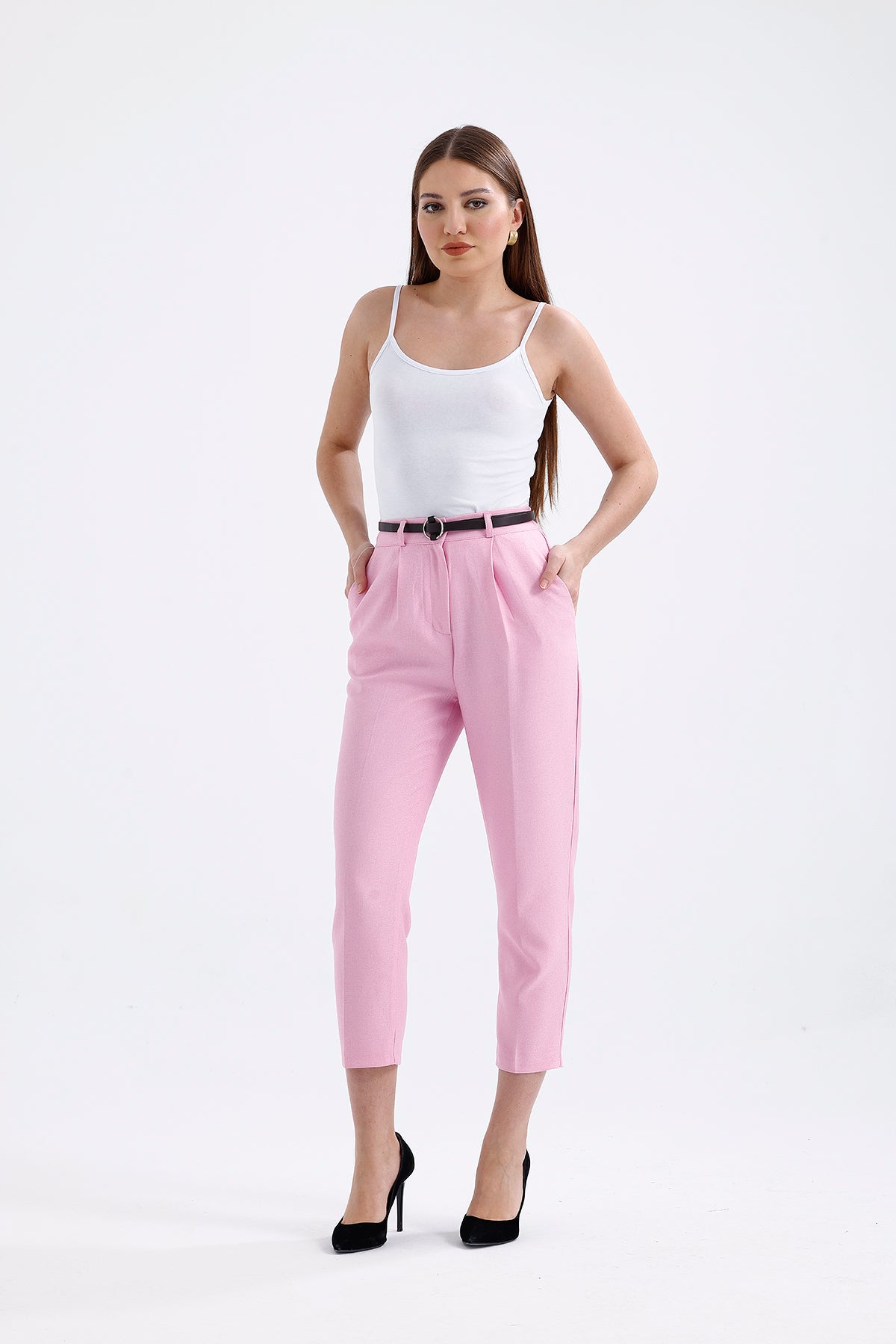 High Waist Belted Trousers Pink