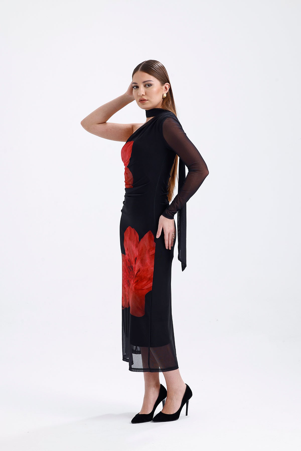 One Shoulder Strap Midi Dress Black