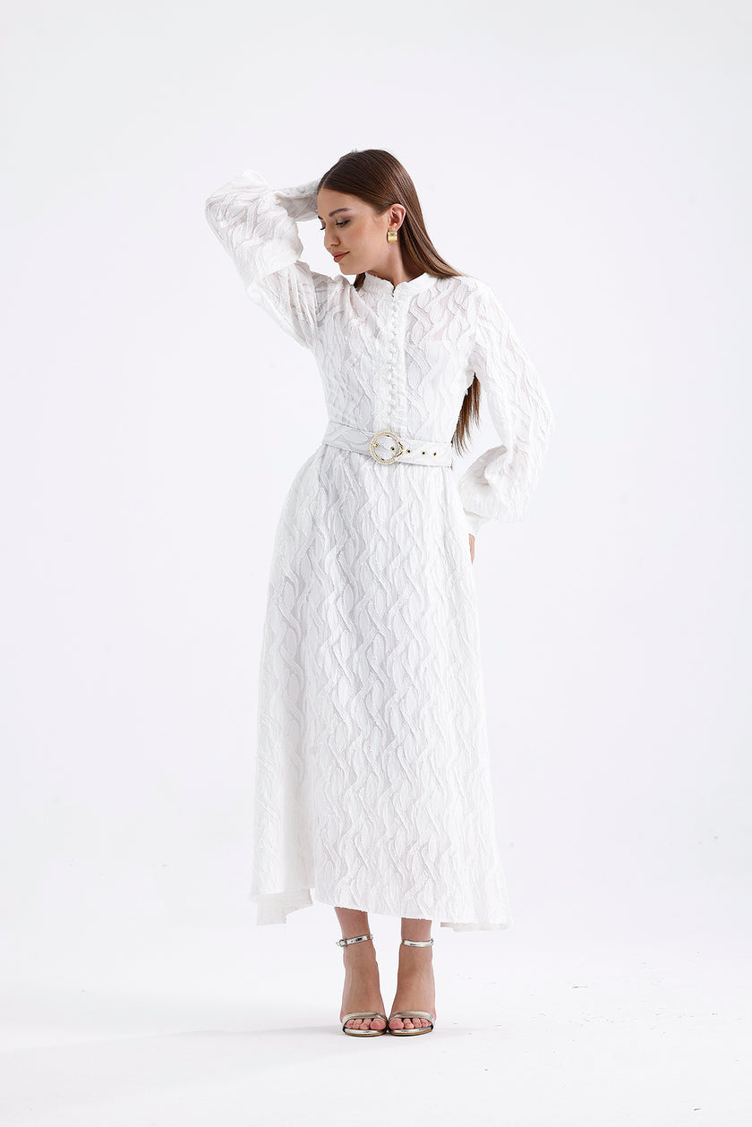 Murhpy Gold Buckled Belt Detailed Jacquard Dress