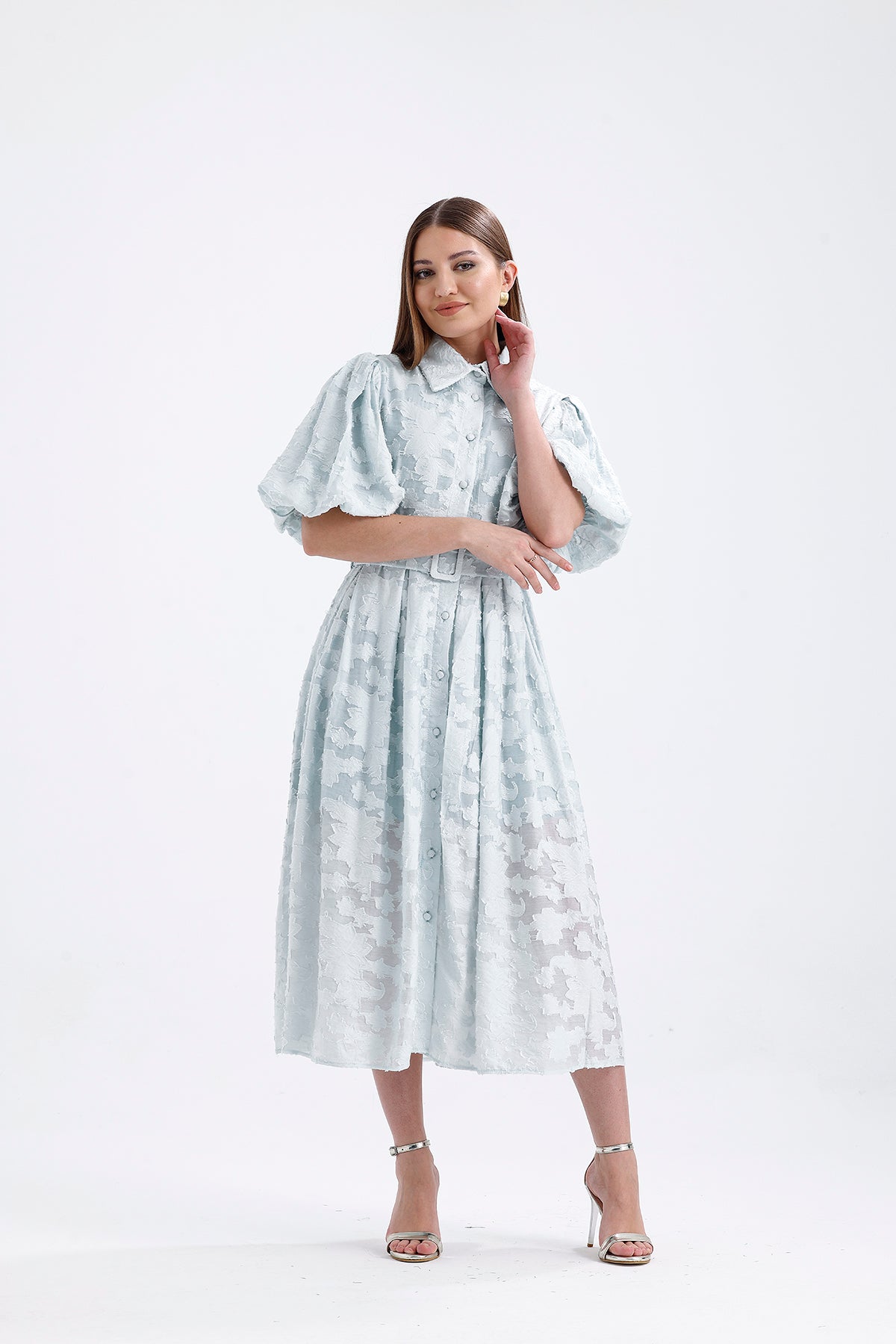 Blue Venil Balloon Sleeve Belted Knitting Dress | CLOTHES | DRESS | Lebbse Blue Venil Balloon Sleeve Belted Knitting Dress | CLOTHES | DRESS | Lebbse
