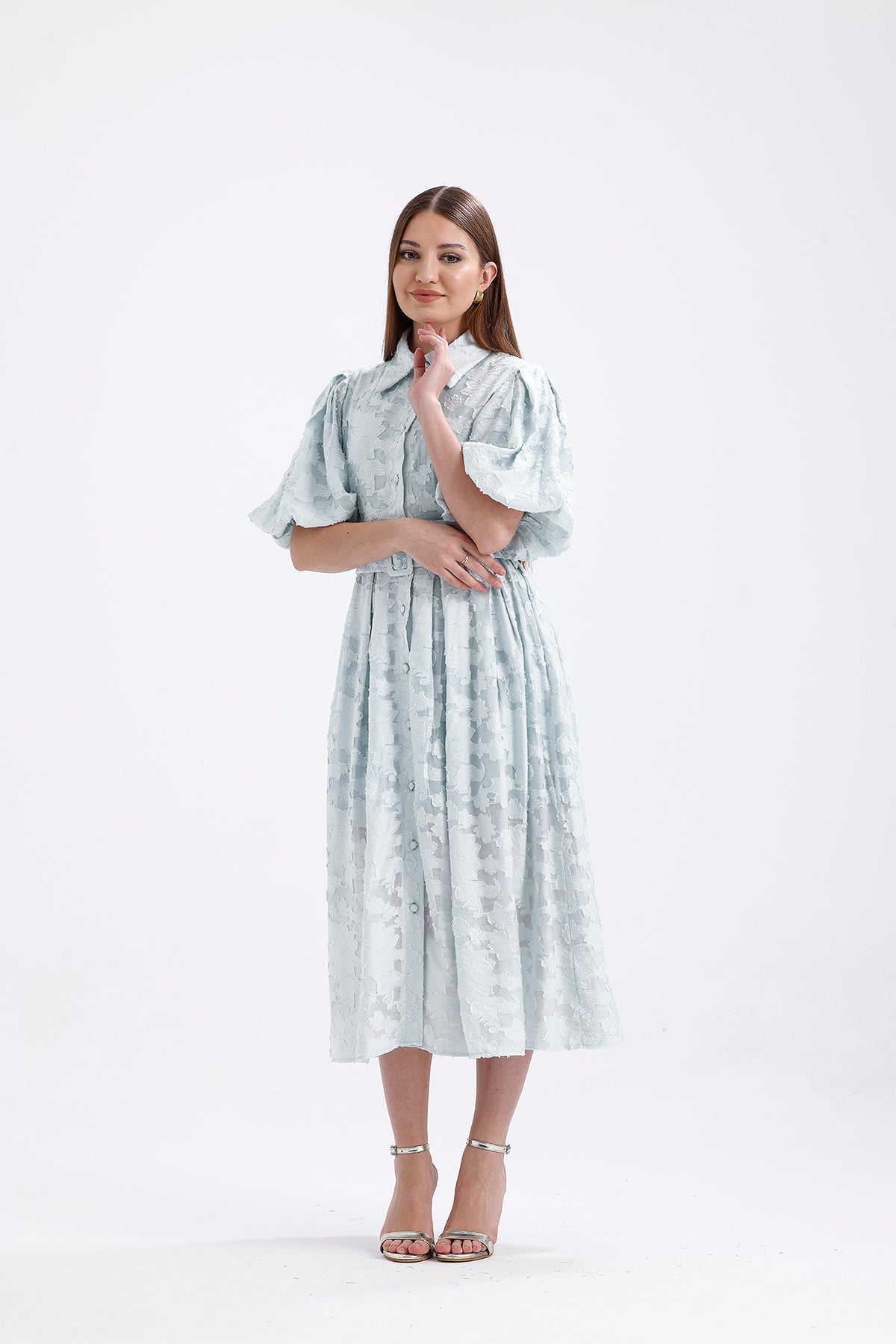 Blue Venil Balloon Sleeve Belted Knitting Dress