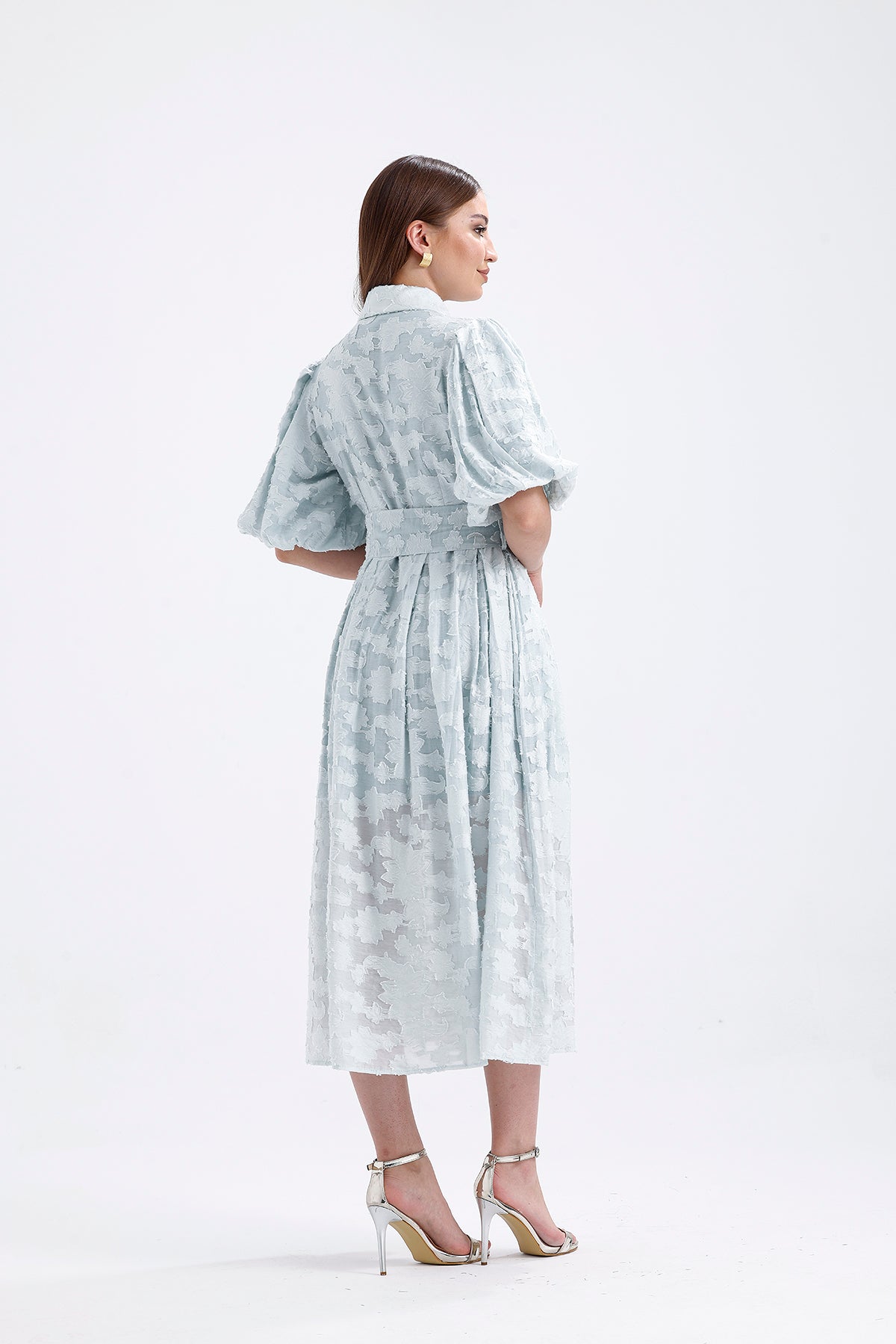 Blue Venil Balloon Sleeve Belted Knitting Dress