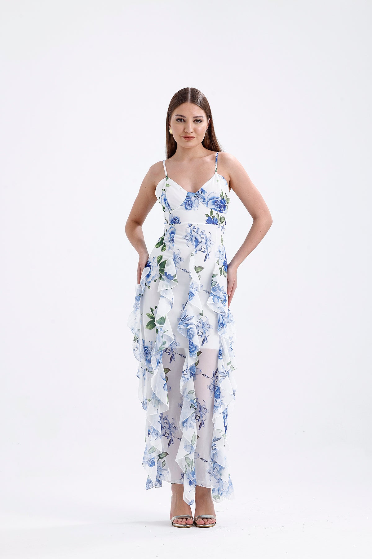 Ruffle Detailed Strappy Maxi Dress Blue | CLOTHES | DRESS | Lebbse Ruffle Detailed Strappy Maxi Dress Blue | CLOTHES | DRESS | Lebbse
