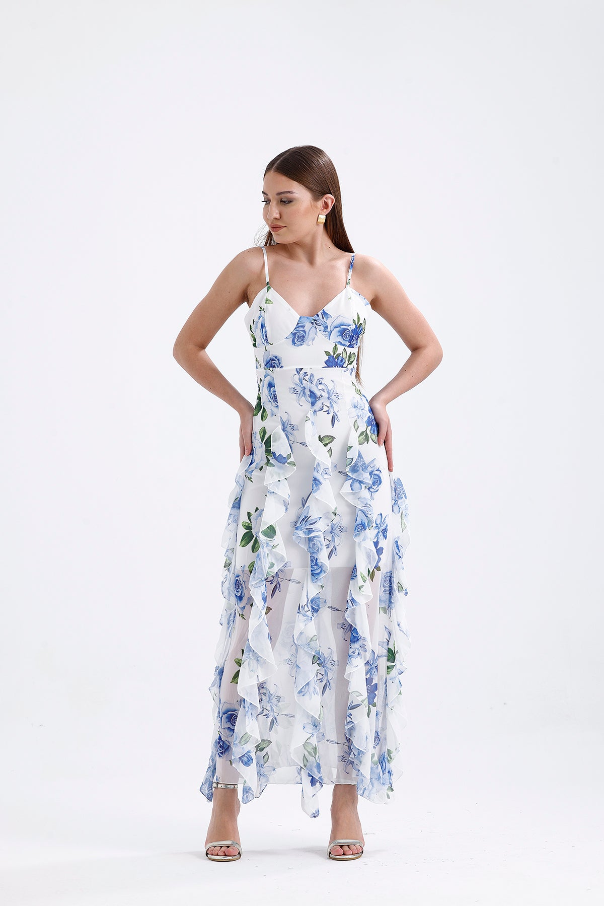 Ruffle Detailed Strappy Maxi Dress Blue | CLOTHES | DRESS | Lebbse Ruffle Detailed Strappy Maxi Dress Blue | CLOTHES | DRESS | Lebbse