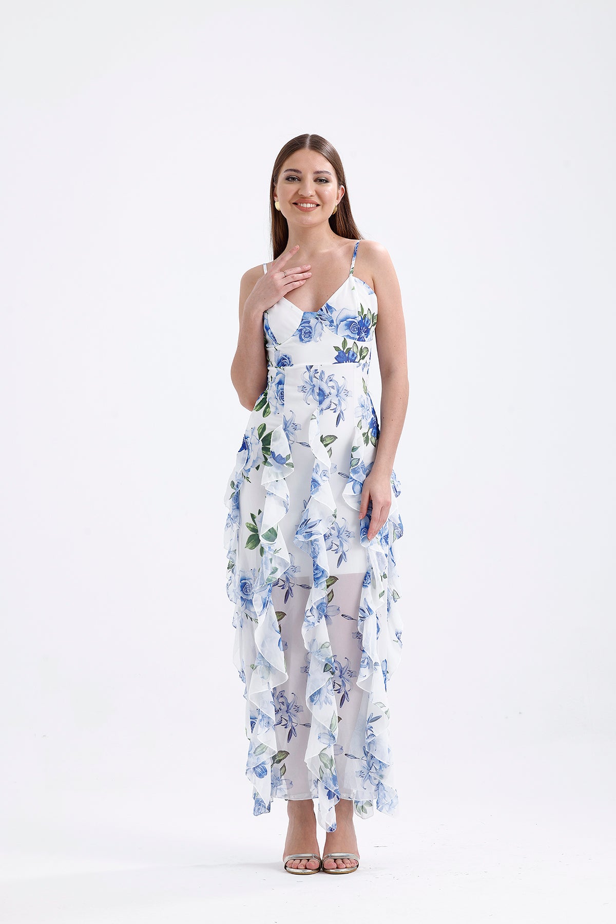 Ruffle Detailed Strappy Maxi Dress Blue | CLOTHES | DRESS | Lebbse Ruffle Detailed Strappy Maxi Dress Blue | CLOTHES | DRESS | Lebbse