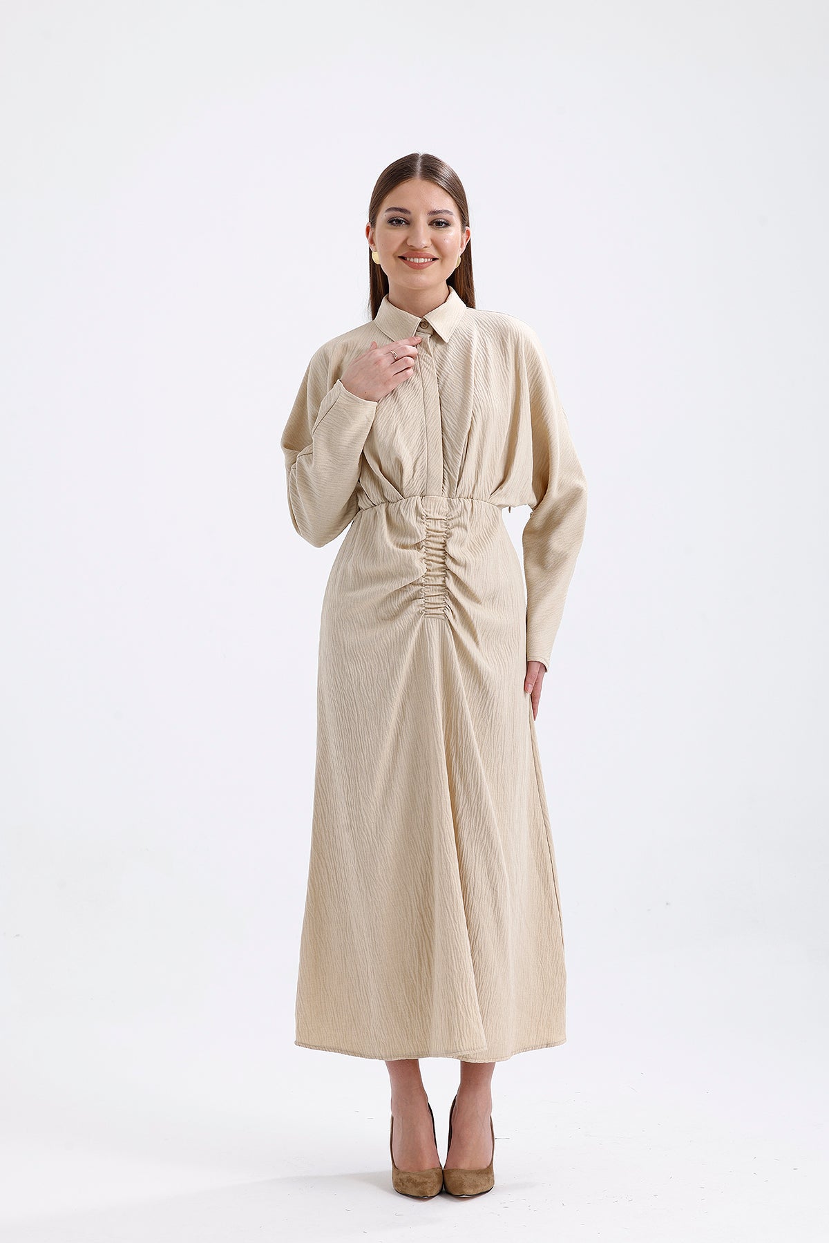 Beige  Elastic Waist Long Dress