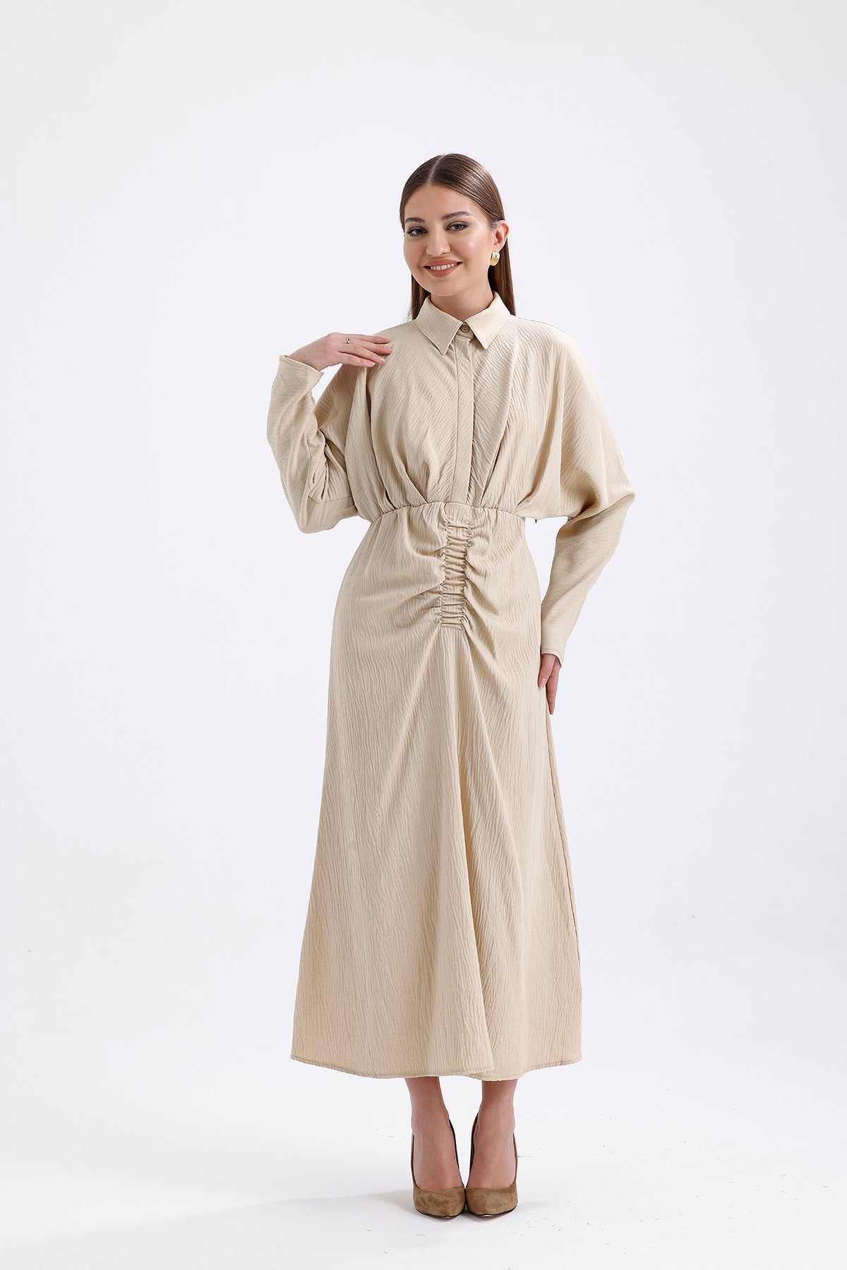 Beige  Elastic Waist Long Dress