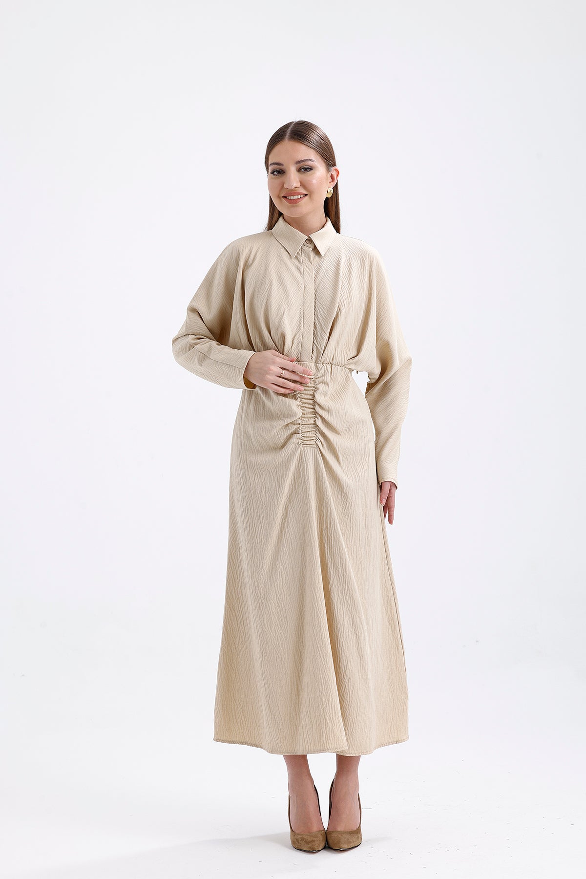 Beige  Elastic Waist Long Dress